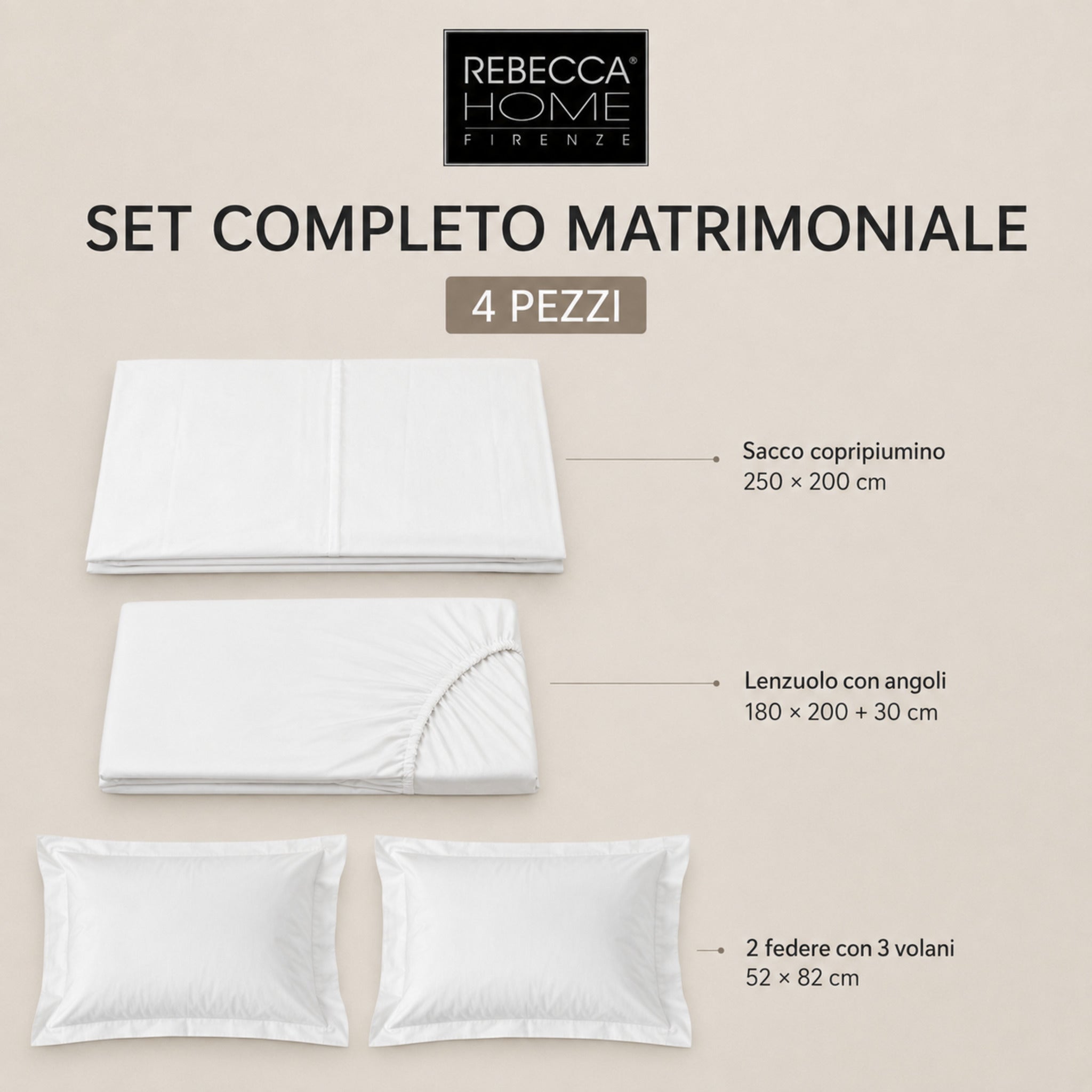 Set matrimoniale Rebecca Home Concept bianco da 4 pezzi con misure degli elementi