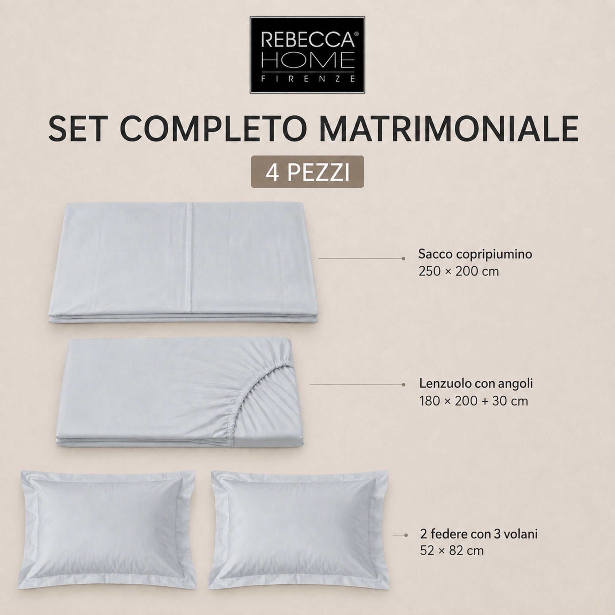 Set matrimoniale Rebecca Home Concept grigio da 4 pezzi con misure degli elementi