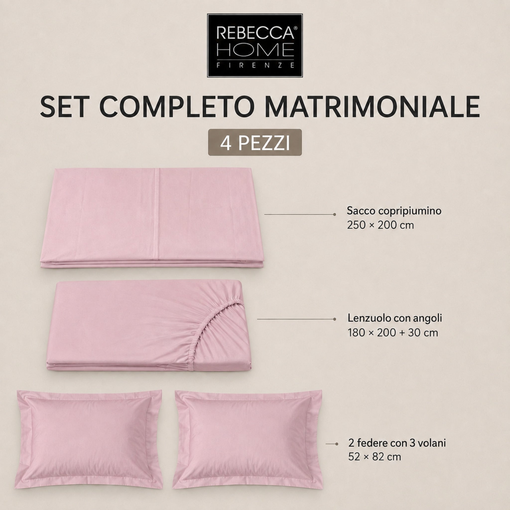 Set matrimoniale Rebecca Home Concept rosa da 4 pezzi con misure degli elementi