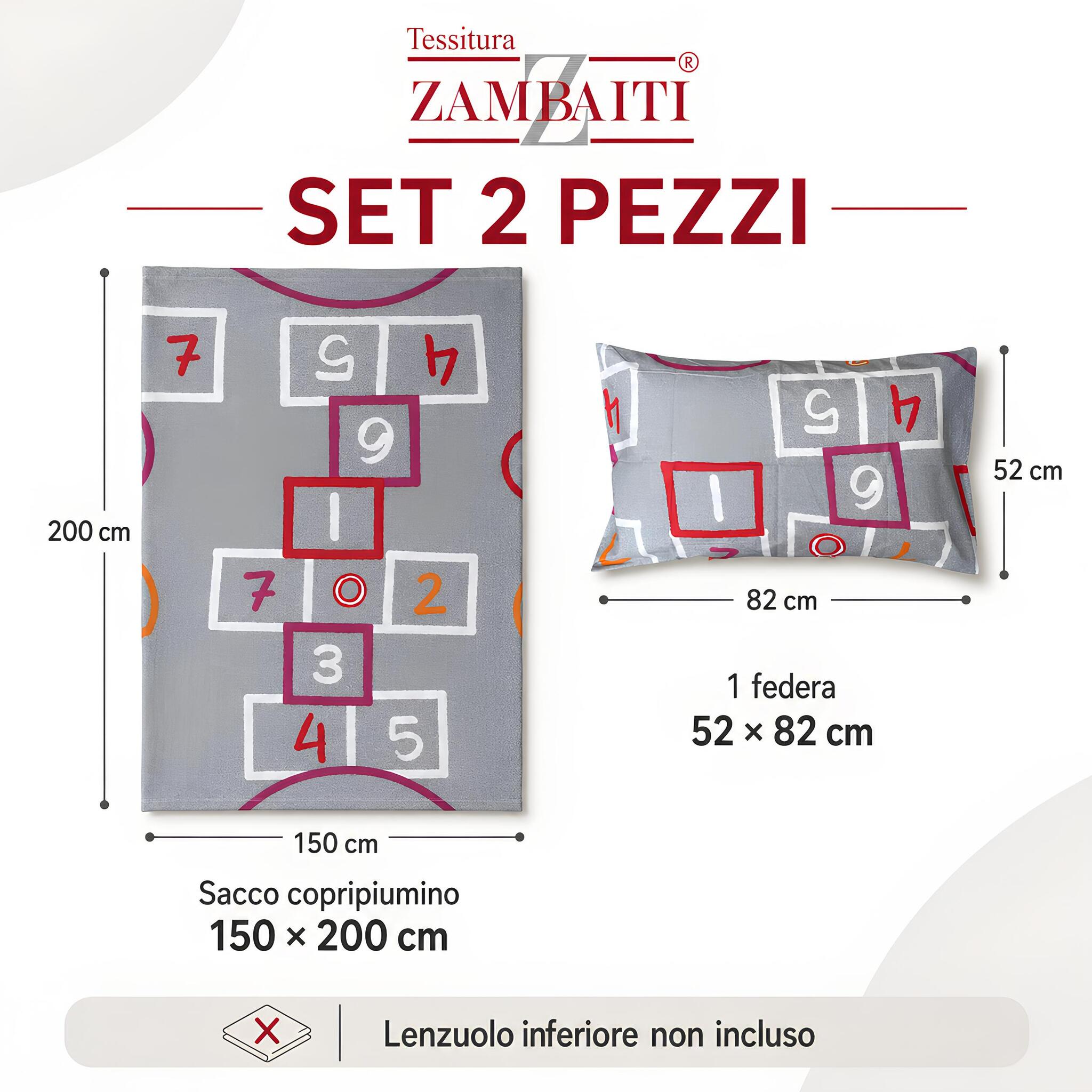 Misure parure Zambaiti Mondo con sacco 150x200 cm e federa 52x82 cm