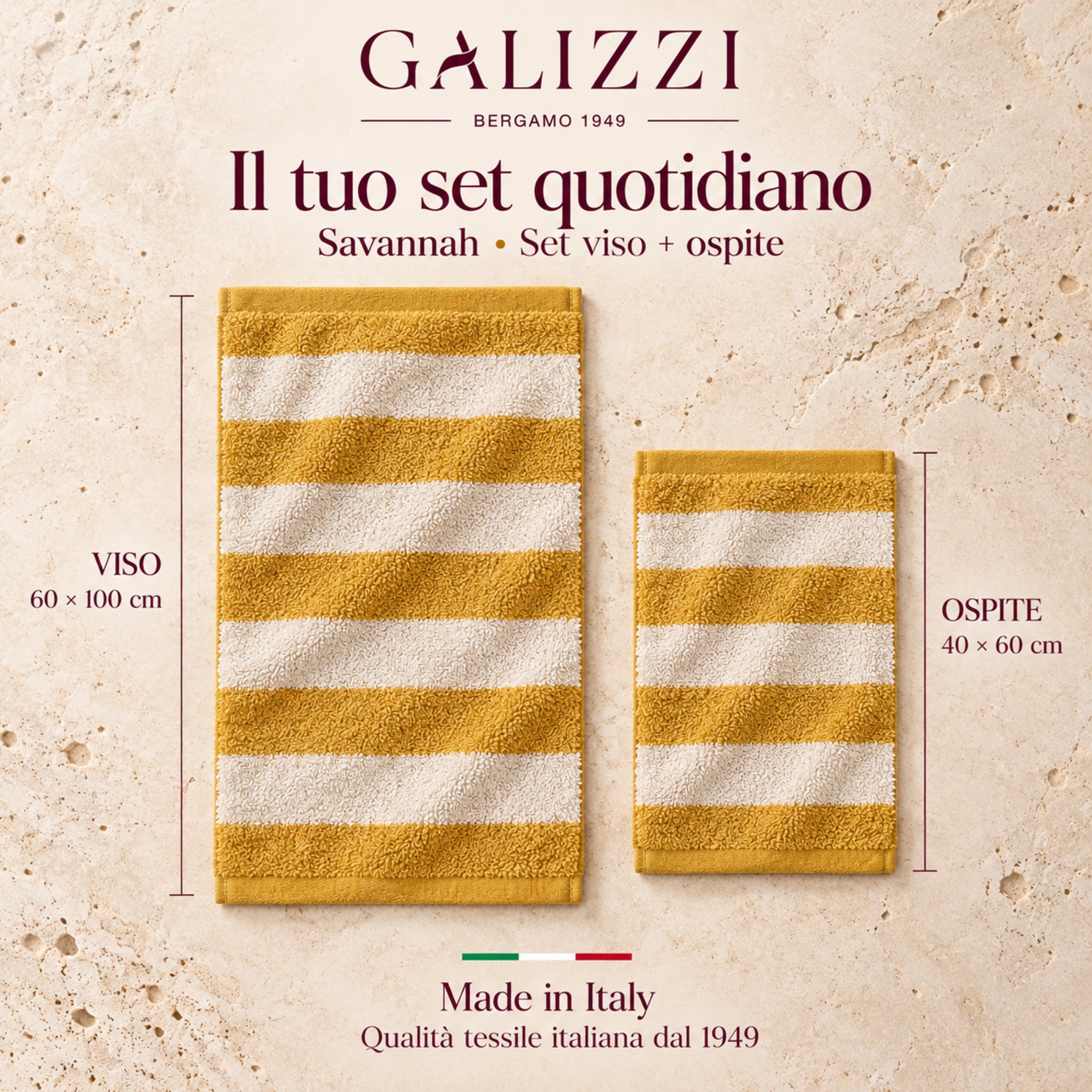 Set Savannah Giallo scuro con asciugamano viso 60×100 cm e ospite 40×60 cm, mostrati nell’infografica delle misure.