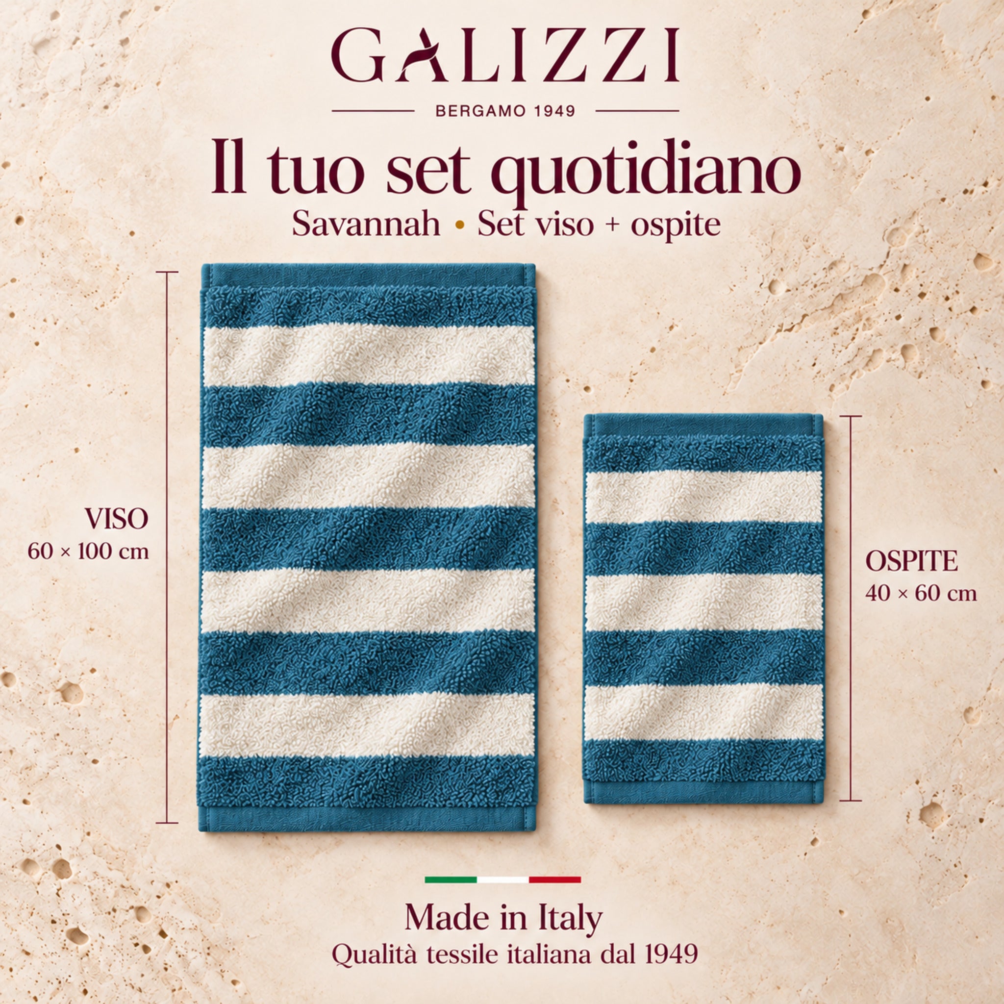 Asciugamani Savannah Pavone distesi, con misure viso 60×100 cm e ospite 40×60 cm e dicitura Made in Italy.