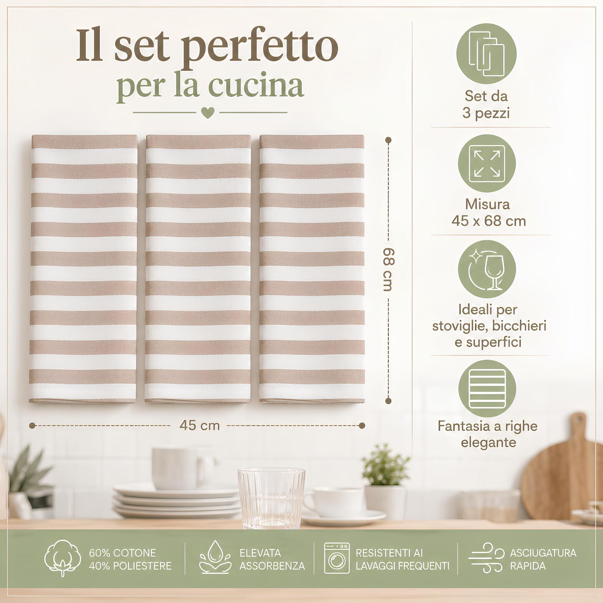 Set 3 strofinacci cucina beige con misure 45x68 cm