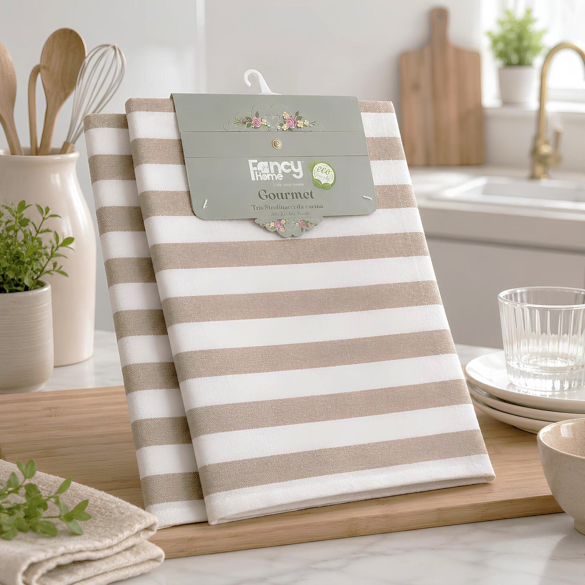 Set di 3 strofinacci cucina Fancy Home Gourmet beige in misto cotone 45x68 cm