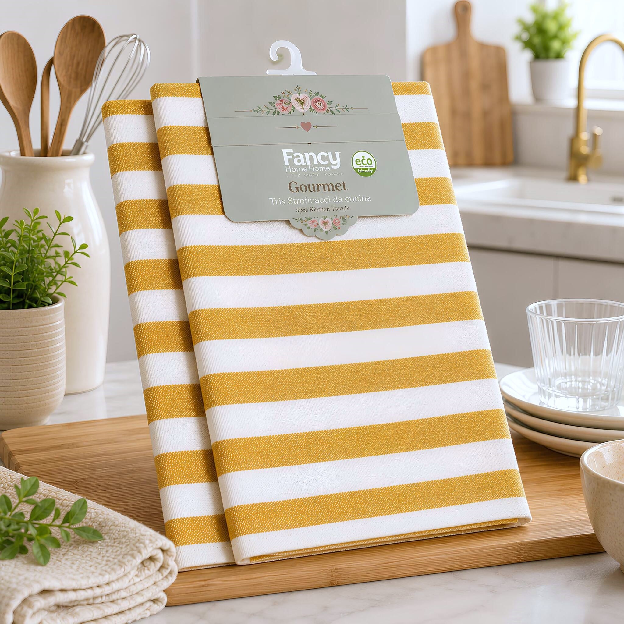 Set di 3 strofinacci cucina Fancy Home Gourmet giallo in misto cotone 45x68 cm