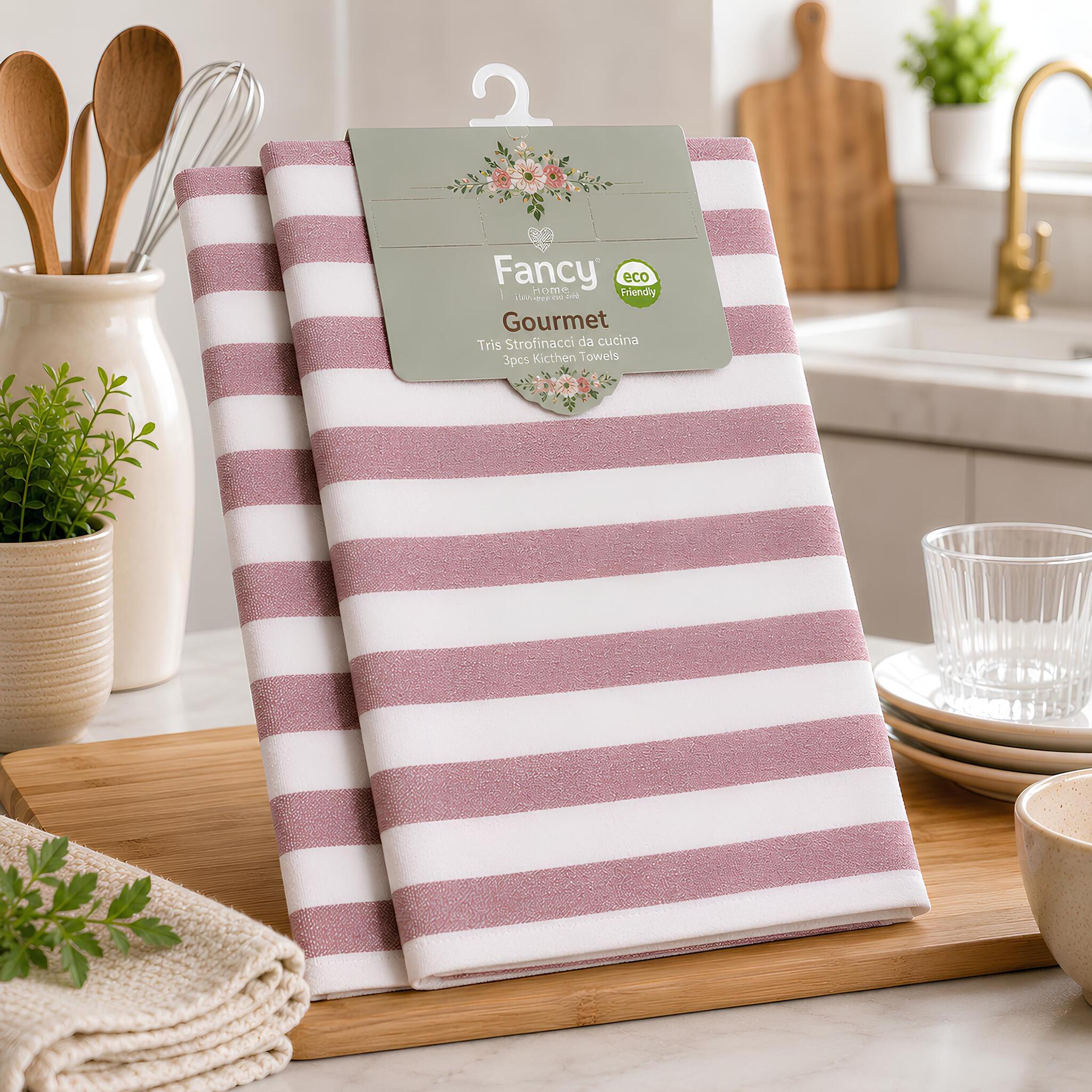 Set di 3 strofinacci cucina Fancy Home Gourmet malva in misto cotone 45x68 cm