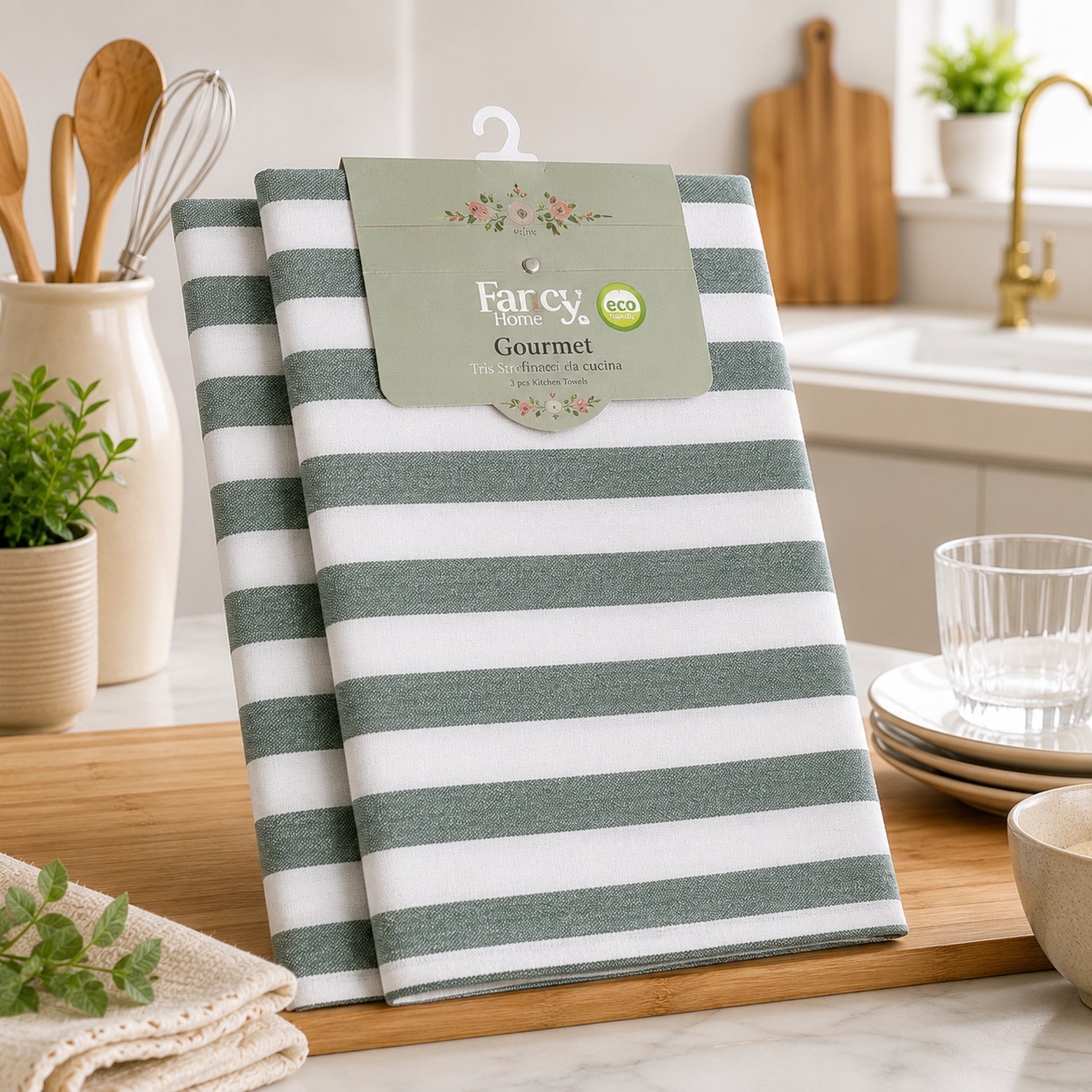 Set di 3 strofinacci cucina Fancy Home Gourmet verde in misto cotone 45x68 cm