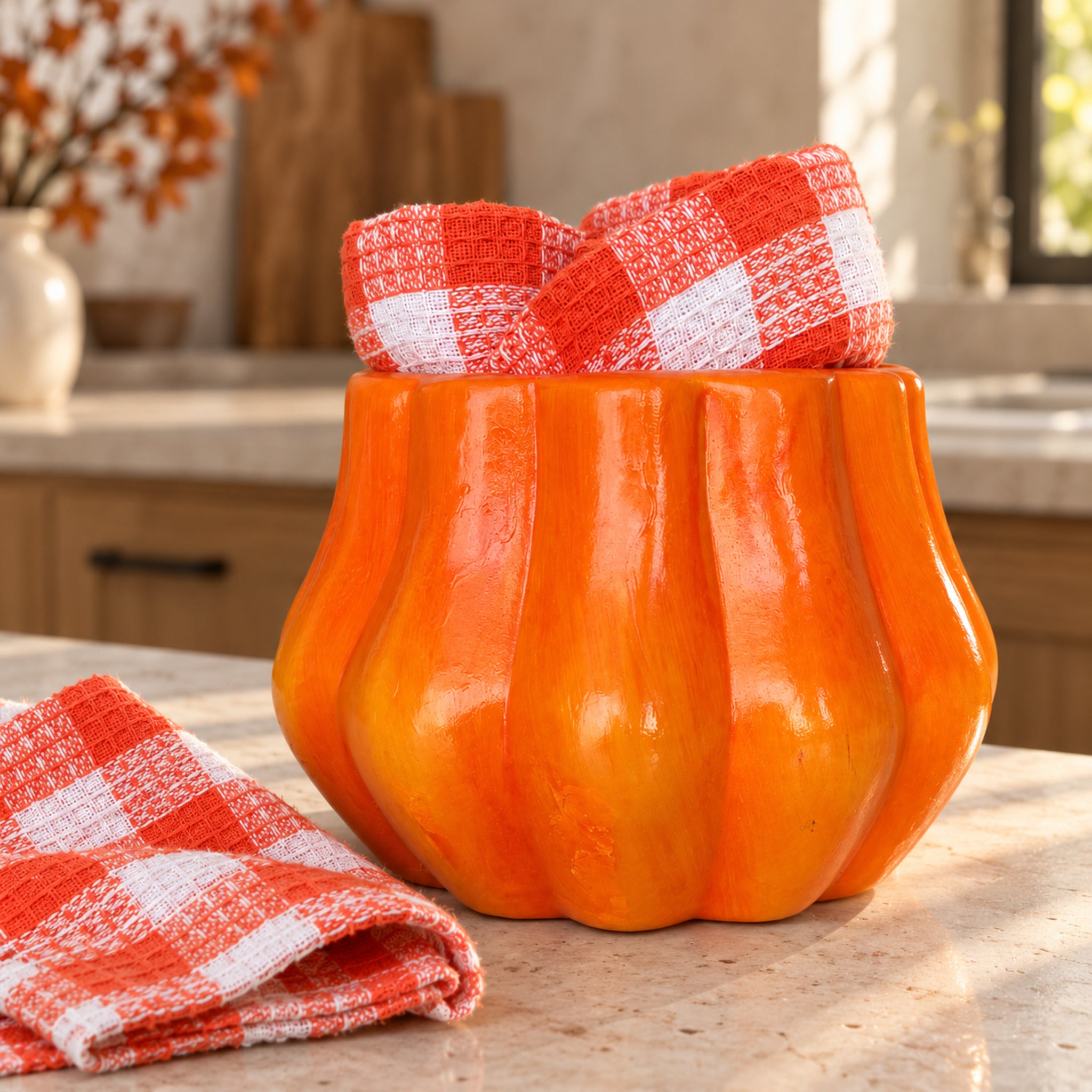 Set Zuccarella Zucca C. con vaso arancione scanalato senza foglie e strofinacci a quadri arancio e bianchi.