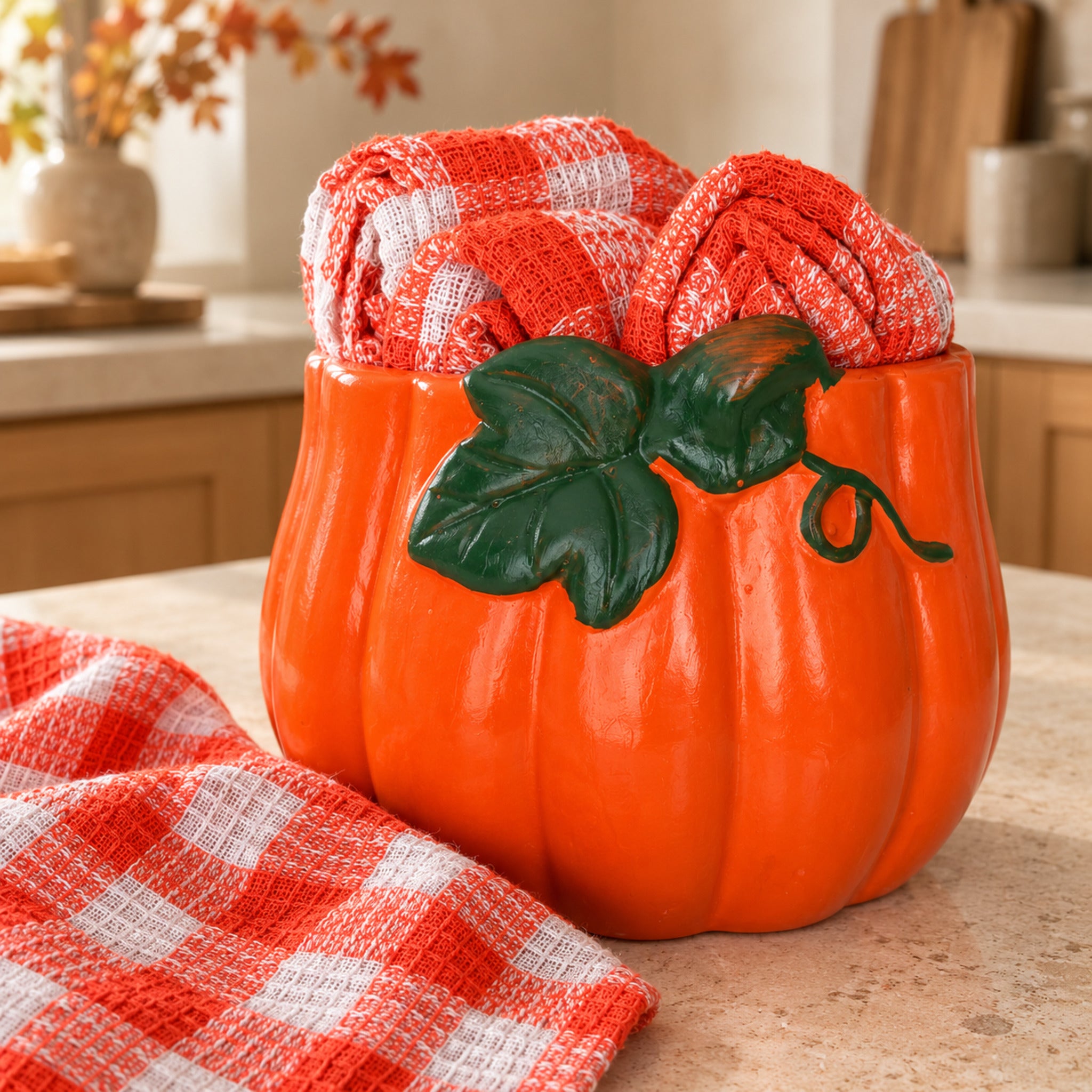 Set Zuccarella Zucca F. con vaso arancione decorato da foglie verdi in rilievo e strofinacci a quadri coordinati.