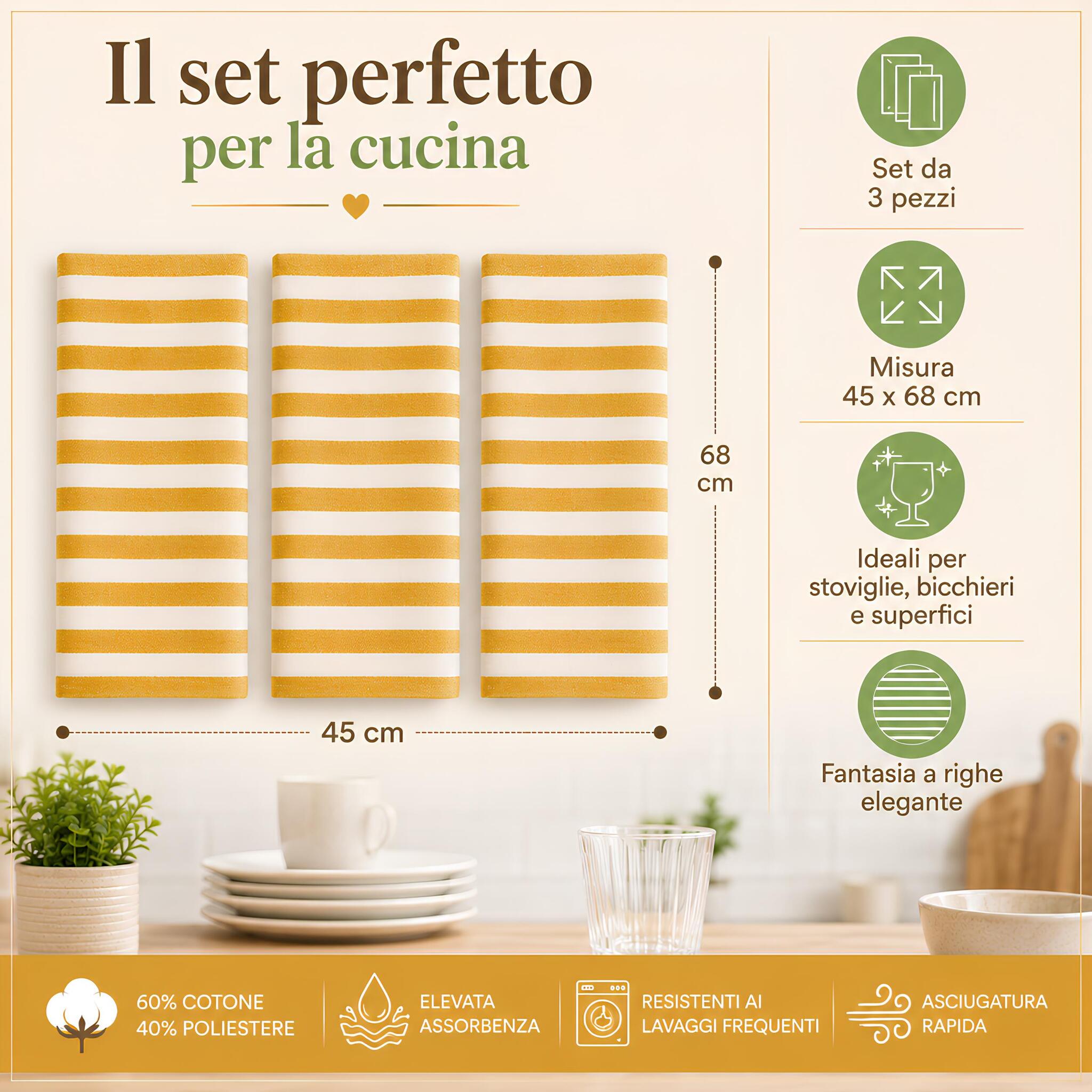 Set 3 strofinacci cucina gialli con misure 45x68 cm