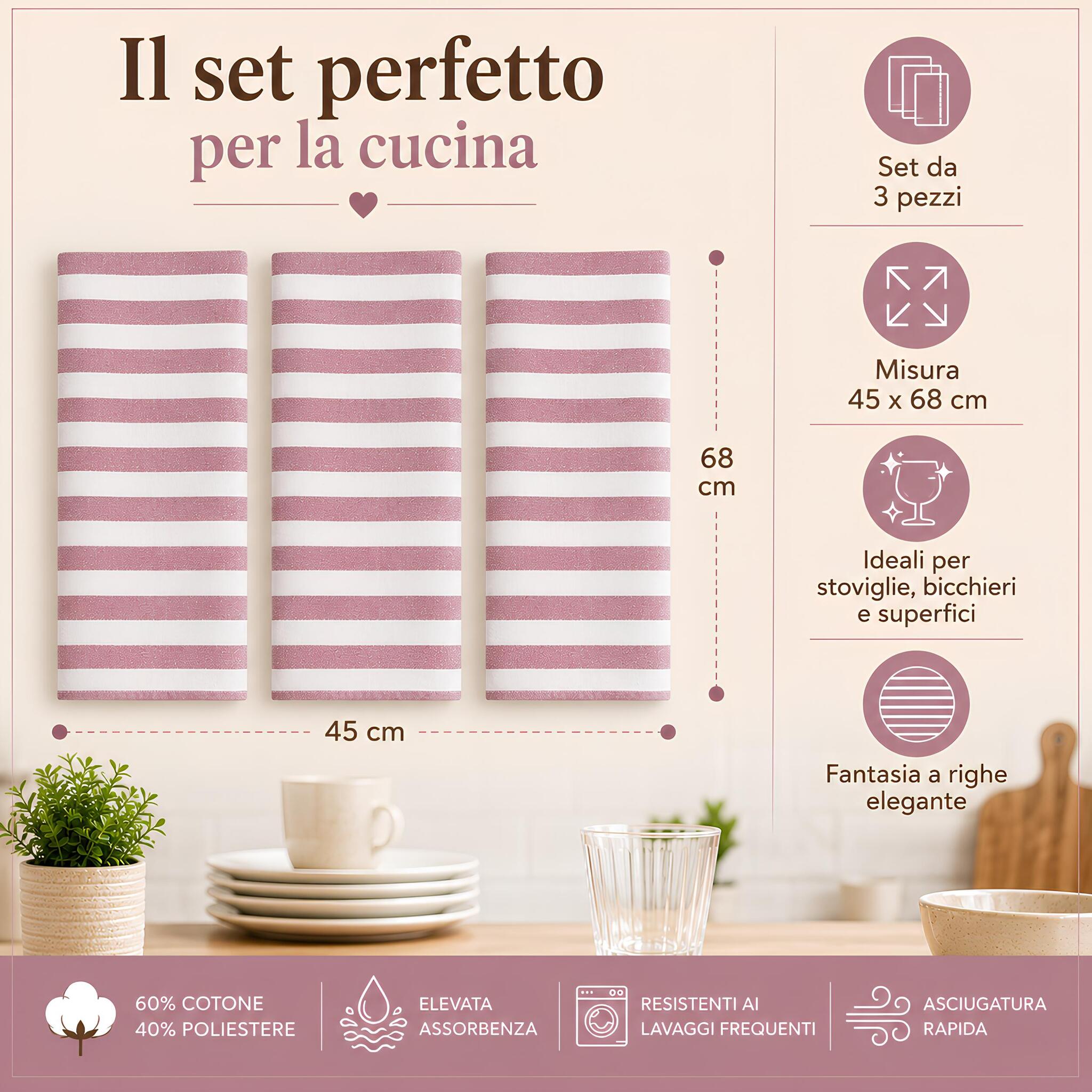 Set 3 strofinacci cucina malva con misure 45x68 cm