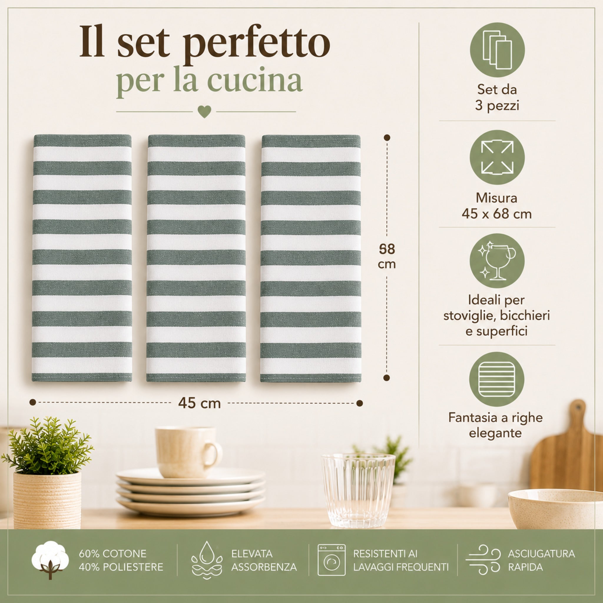 Set 3 strofinacci cucina verdi con misure 45x68 cm