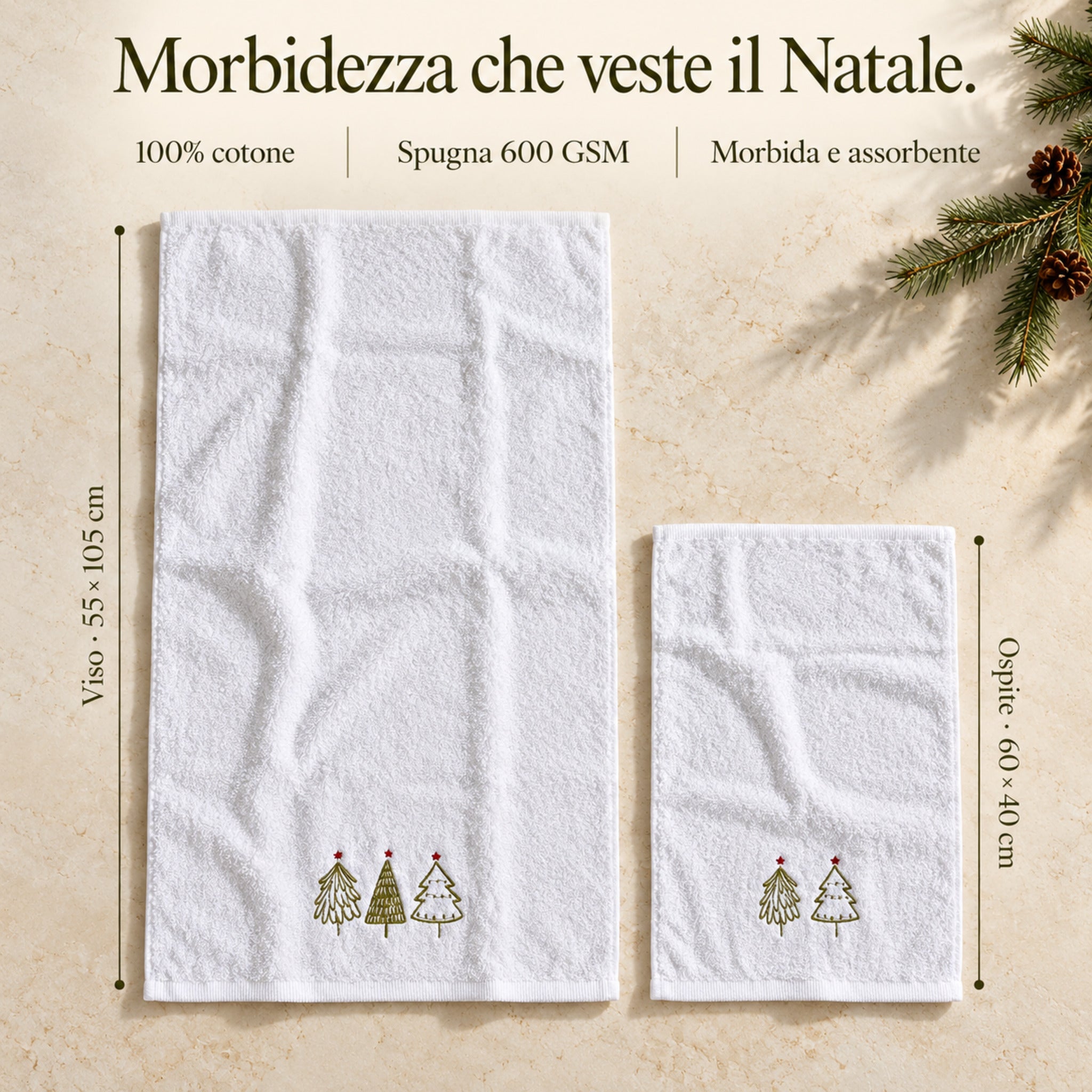 Infografica del set bianco Maison Sucrée con viso 55x105 cm, ospite 60x40 cm e spugna di cotone 600 GSM.