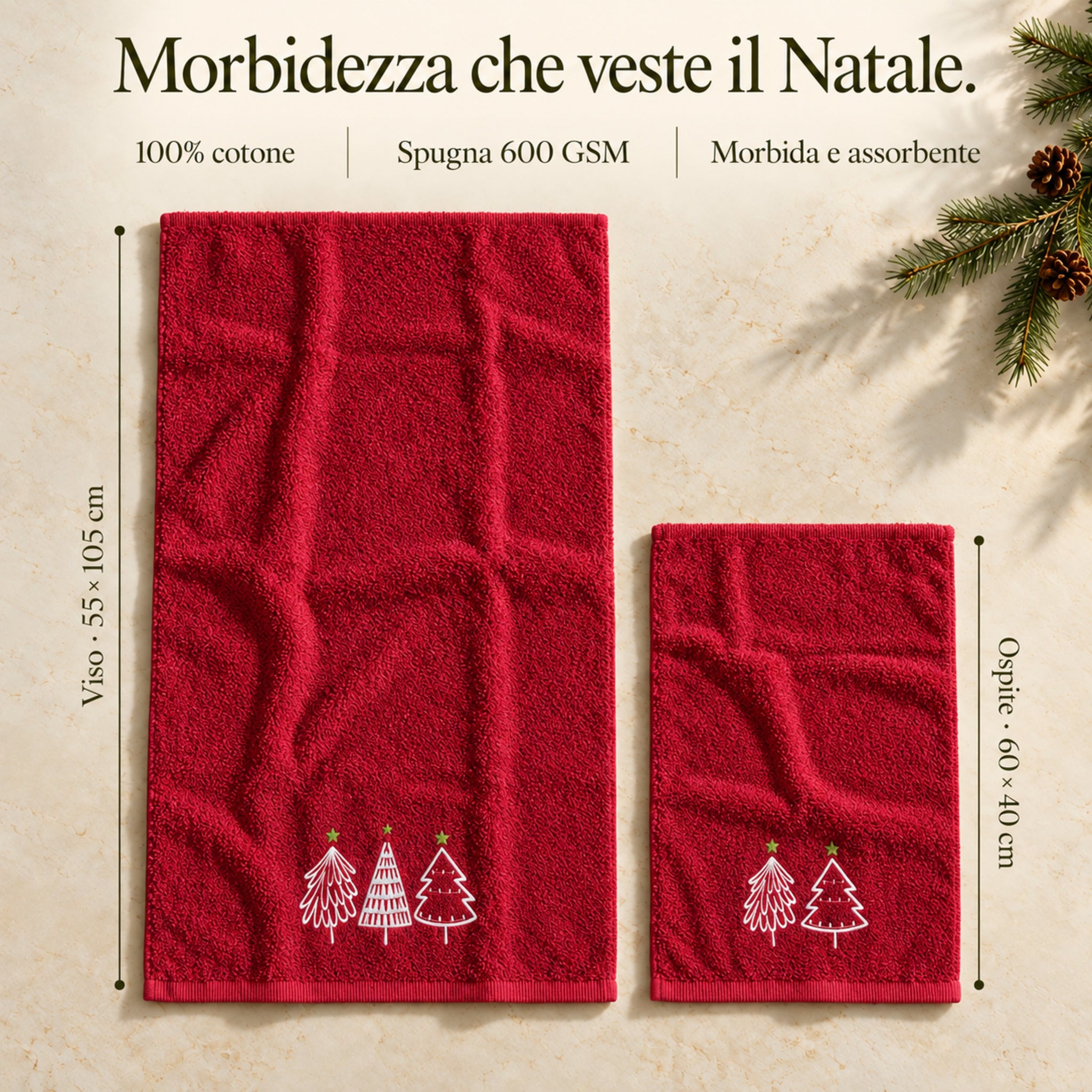 Infografica del set rosso Maison Sucrée con asciugamano viso e ospite distesi, misure e indicazione del cotone 600 GSM.