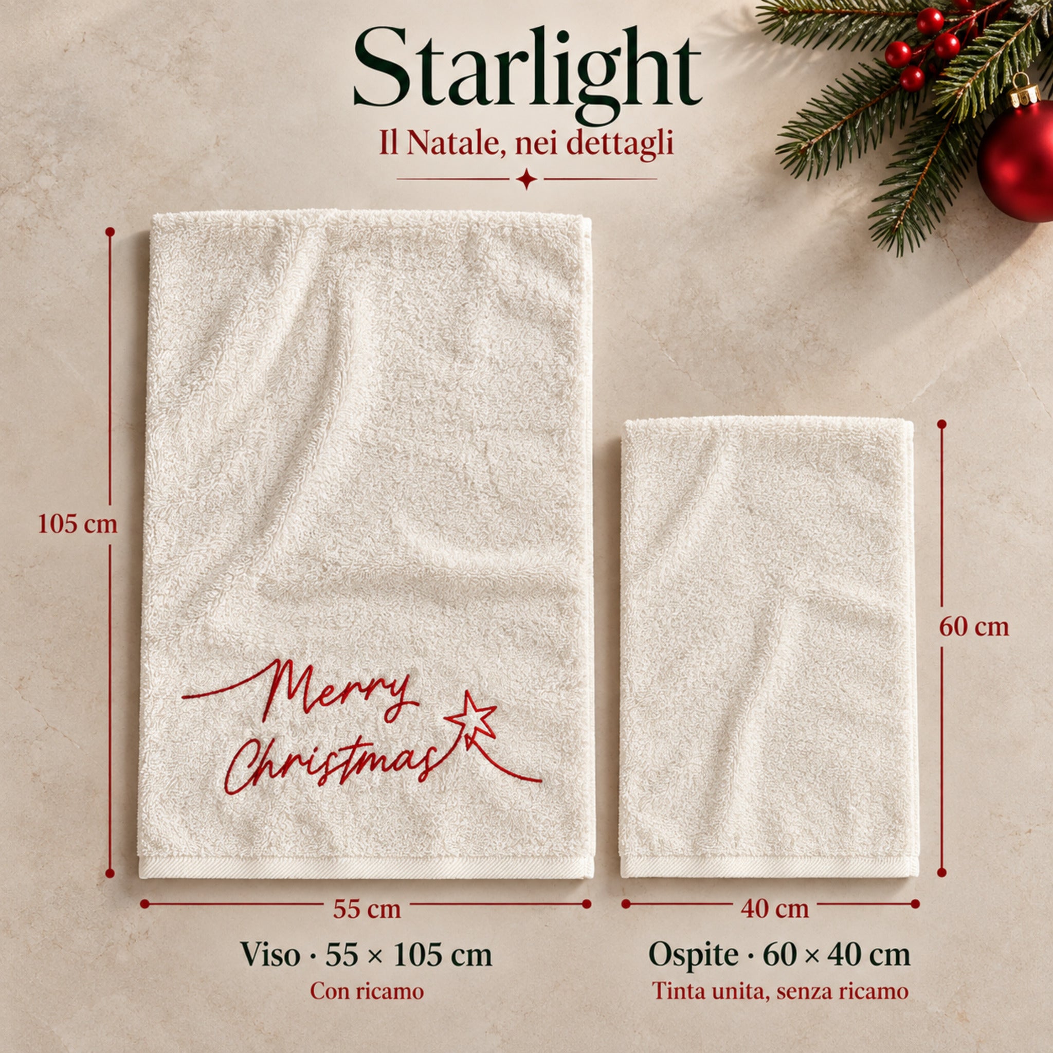Infografica Plume Starlight Avorio con viso ricamato 55x105 cm e ospite in tinta unita senza ricamo 60x40 cm.