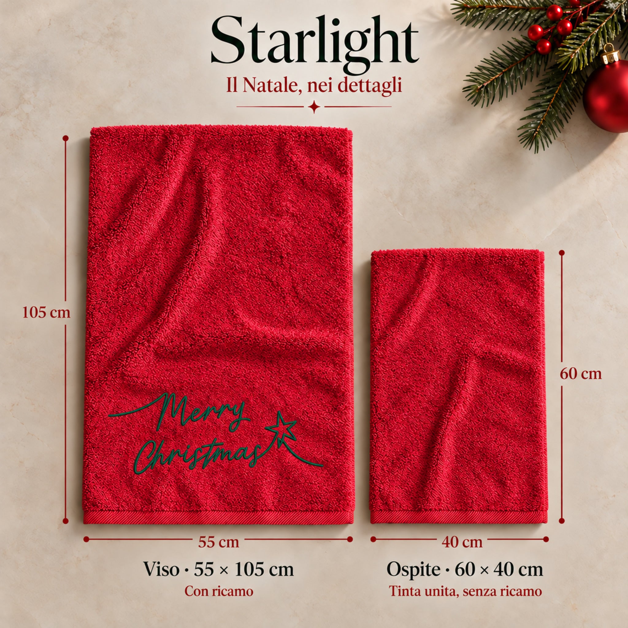 Infografica Plume Starlight Rosso con misure del viso 55x105 cm e dell’ospite 60x40 cm, senza ricamo sull’ospite.