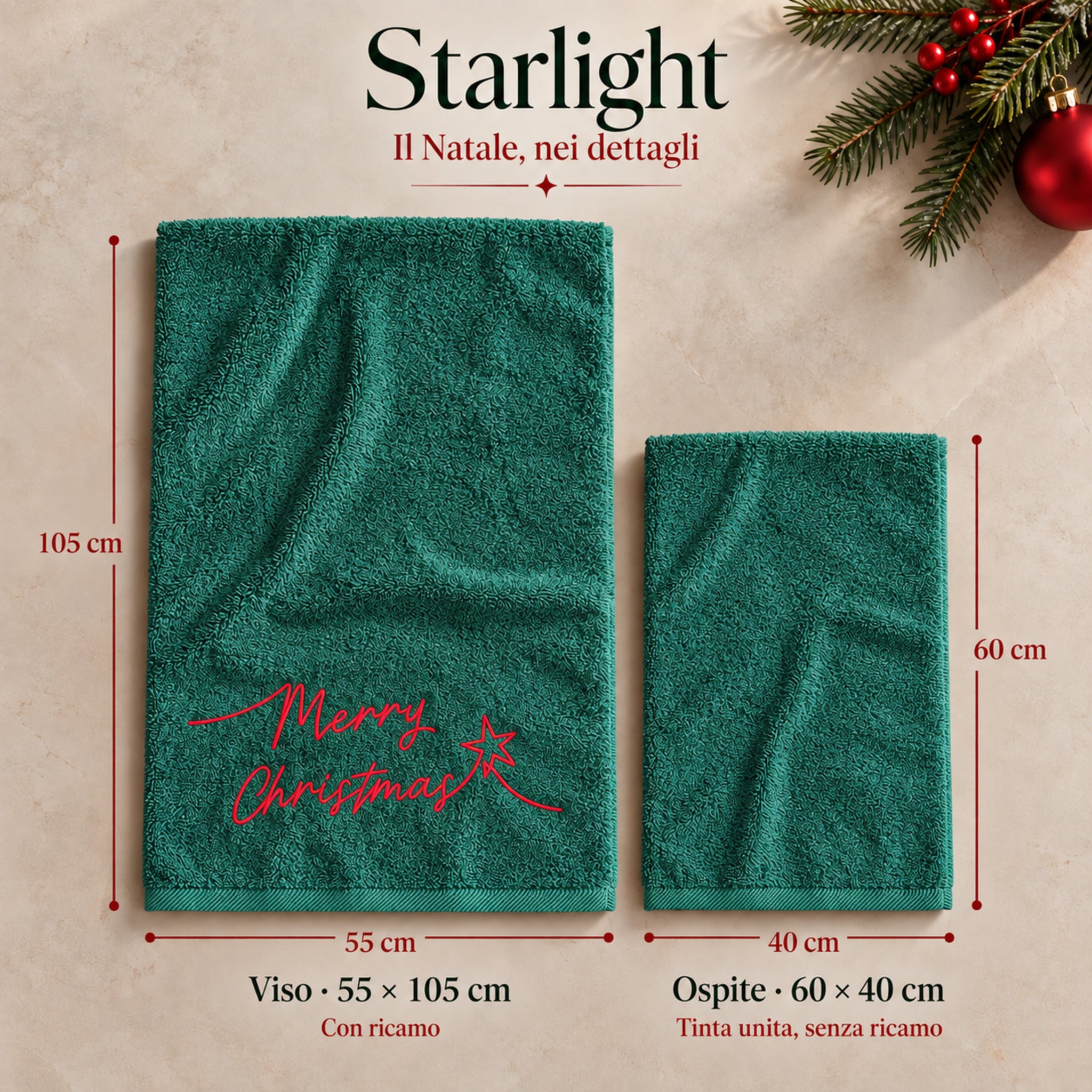 Infografica Plume Starlight Verde con viso ricamato e ospite unito distesi e indicazione delle rispettive misure.