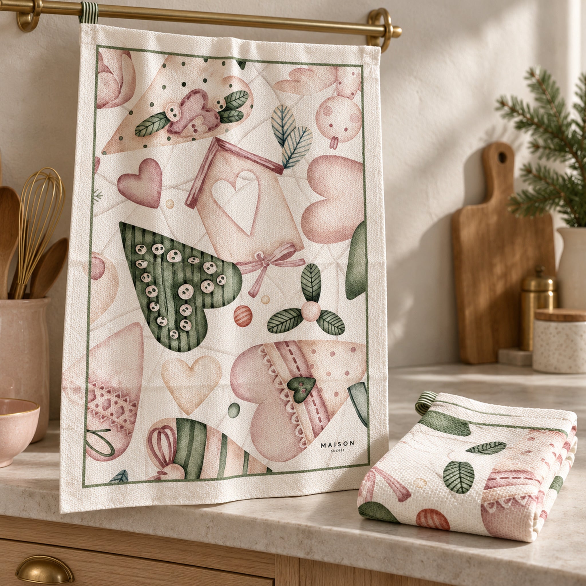 Strofinacci Maison Sucrée Coccole con cuori rosa e verdi e casetta, uno appeso e uno piegato sul piano cucina.