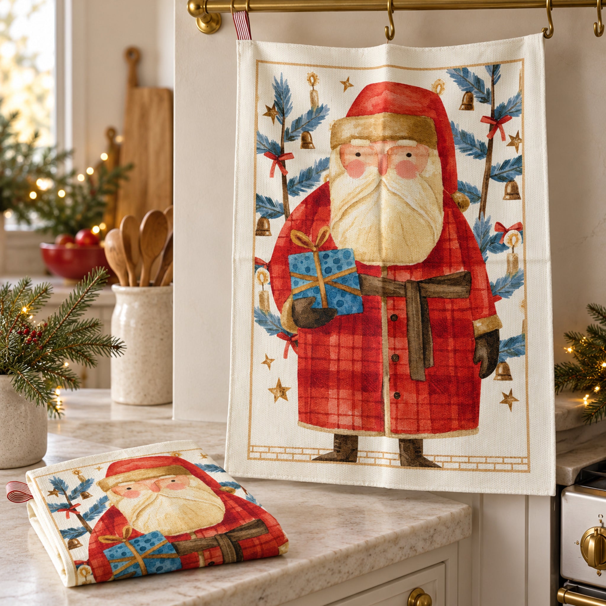 Due strofinacci Incanti con Babbo Natale in rosso e regalo blu, uno appeso e uno piegato in una cucina decorata per Natale.