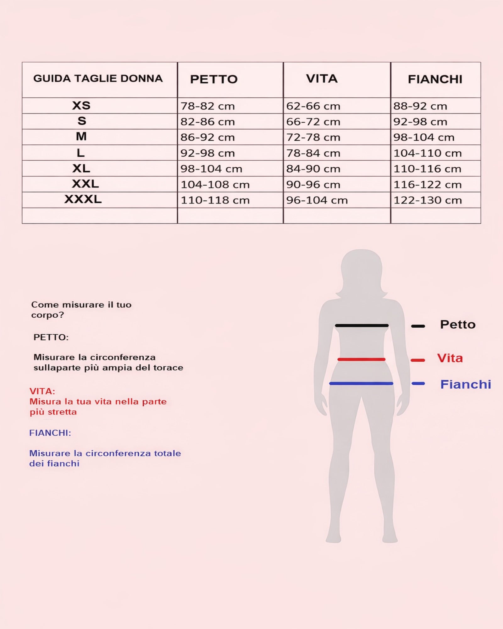 Tabella taglie donna pigiama cotone misure corpo