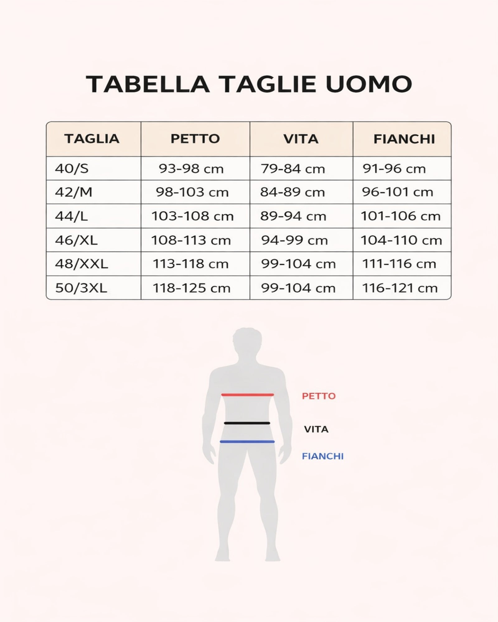 Tabella taglie uomo pigiama cotone misure petto vita fianchi