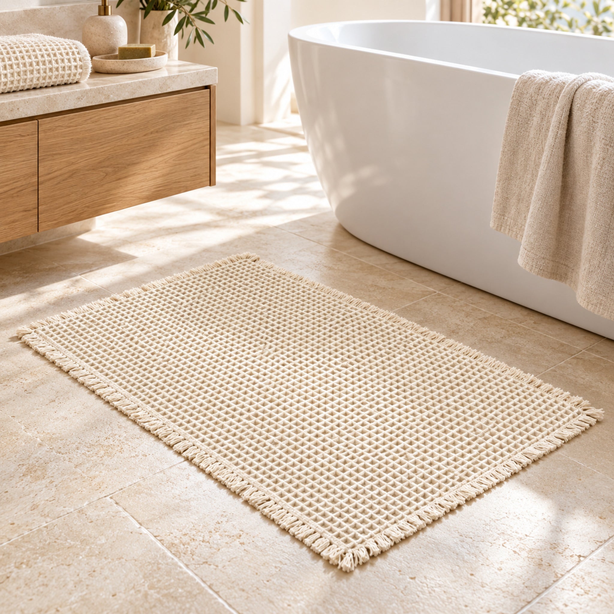 Tappeto bagno Galizzi Alma avorio a nido d’ape con frange, posizionato accanto a una vasca bianca.