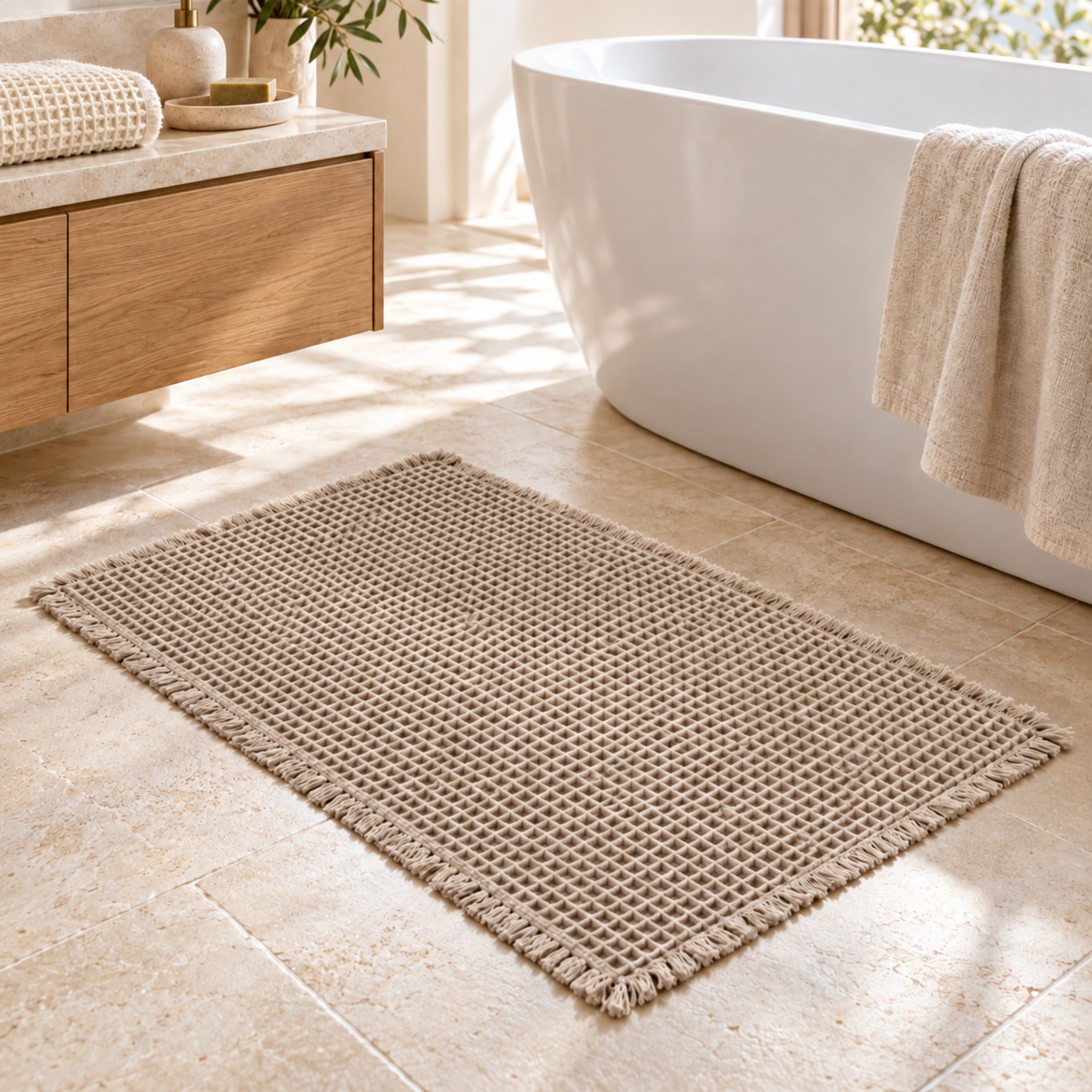 Tappeto bagno Galizzi Alma beige con lavorazione a nido d’ape e frange, su pavimento in pietra chiara.