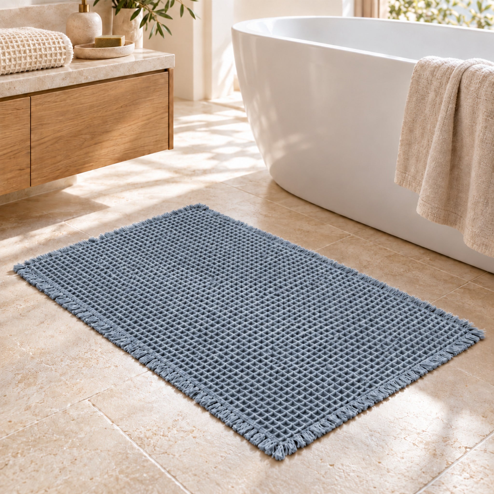 Tappeto bagno Galizzi Alma Dusty Blue a nido d’ape con frange, ambientato davanti a una vasca bianca.
