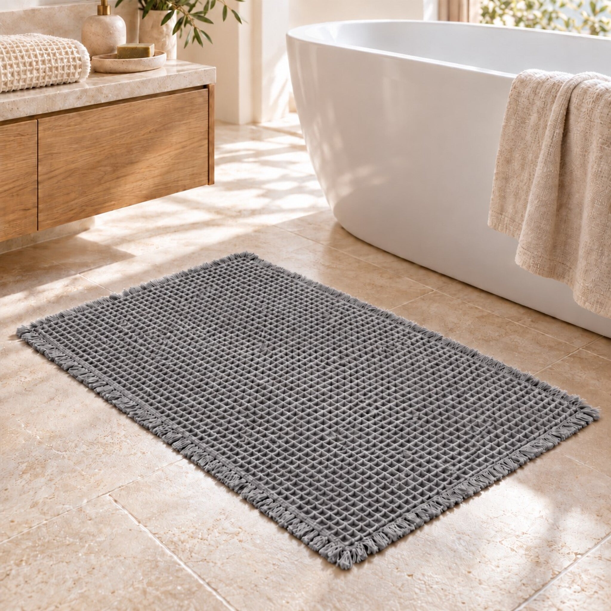 Tappeto bagno Galizzi Alma Steel Grey con superficie a nido d’ape e bordi con frange, accanto alla vasca.