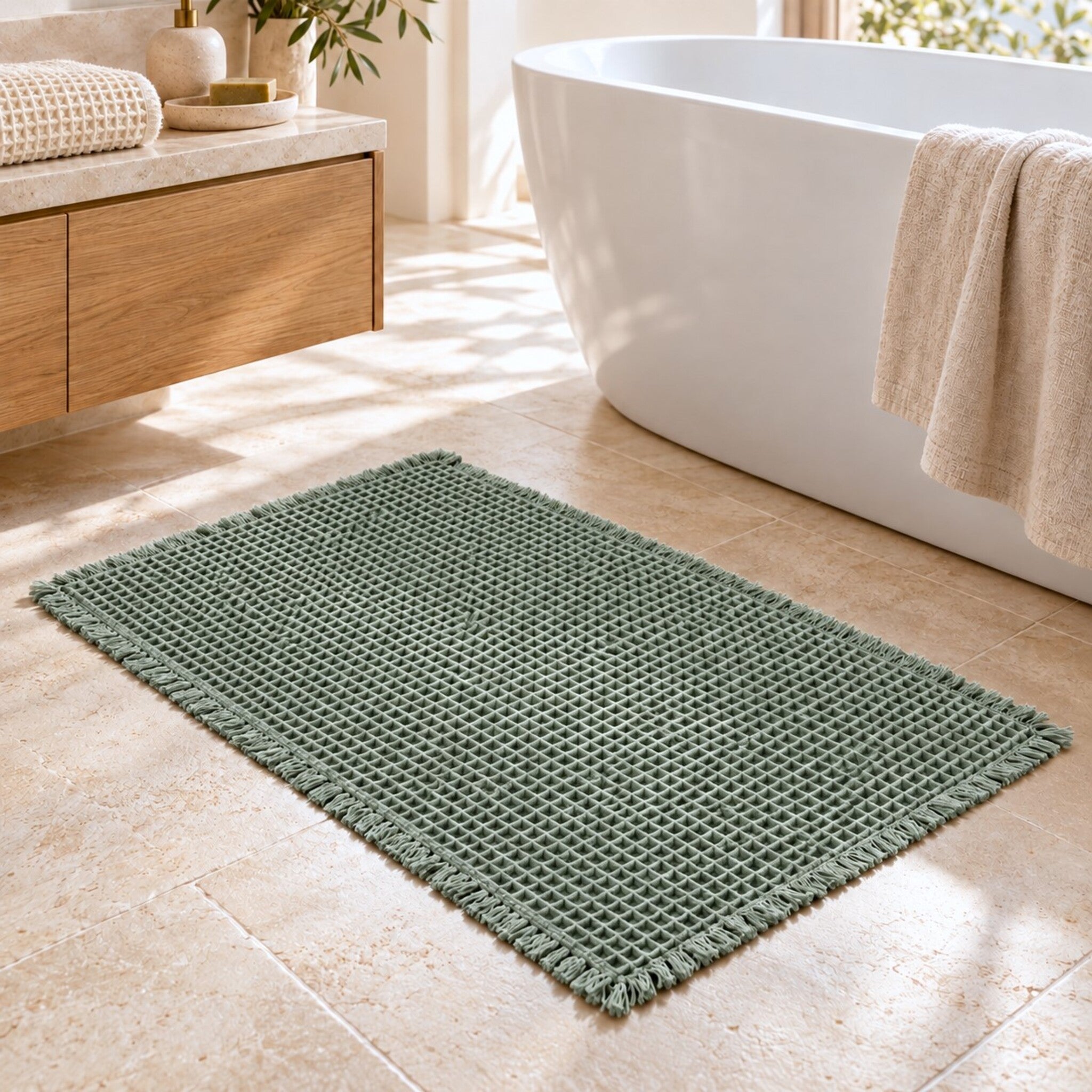 Tappeto bagno Galizzi Alma verde con trama a nido d’ape e frange, in un bagno con mobile in legno e vasca bianca.