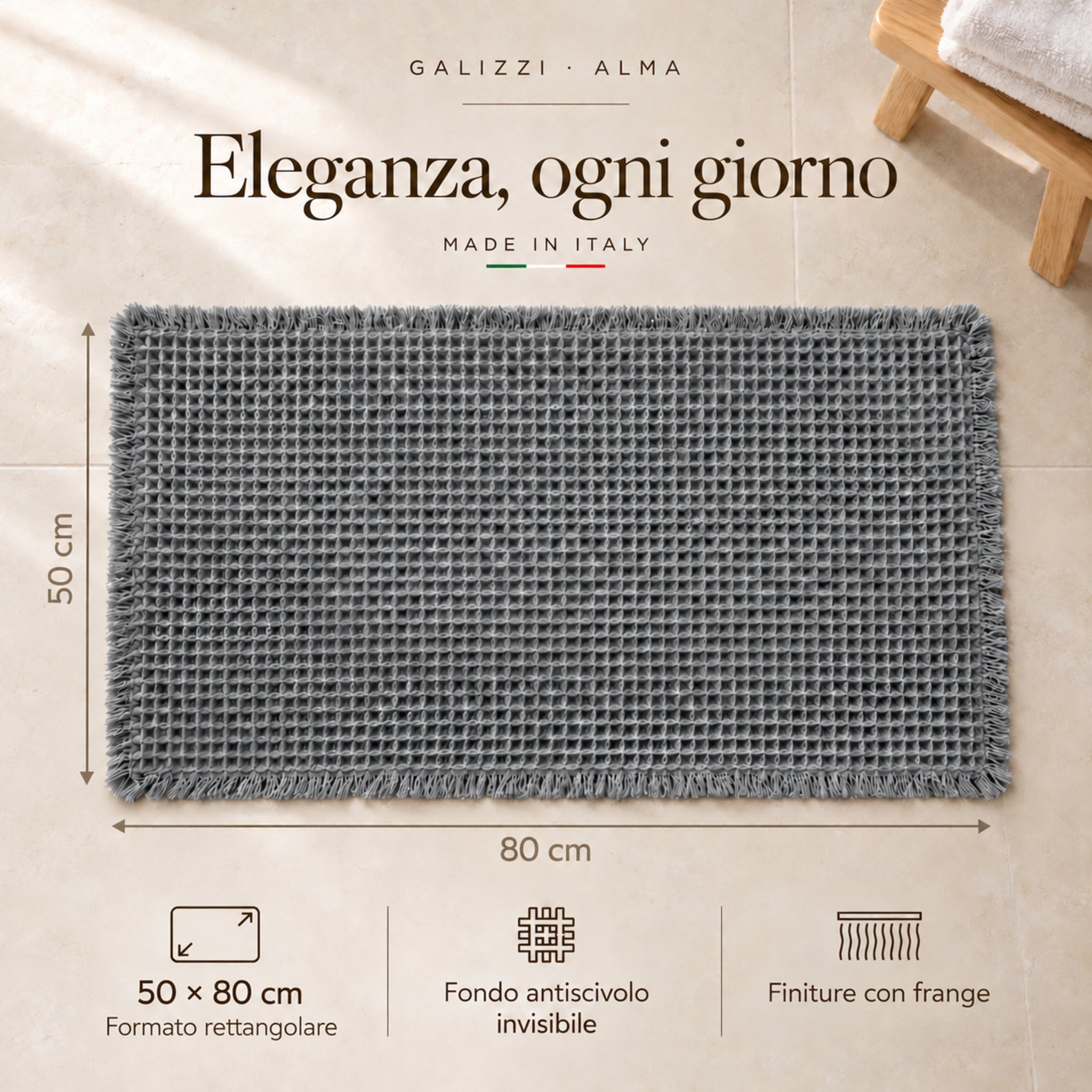 Infografica del tappeto Galizzi Alma Steel Grey con dimensioni 50x80 cm, finiture con frange e dicitura Made in Italy.