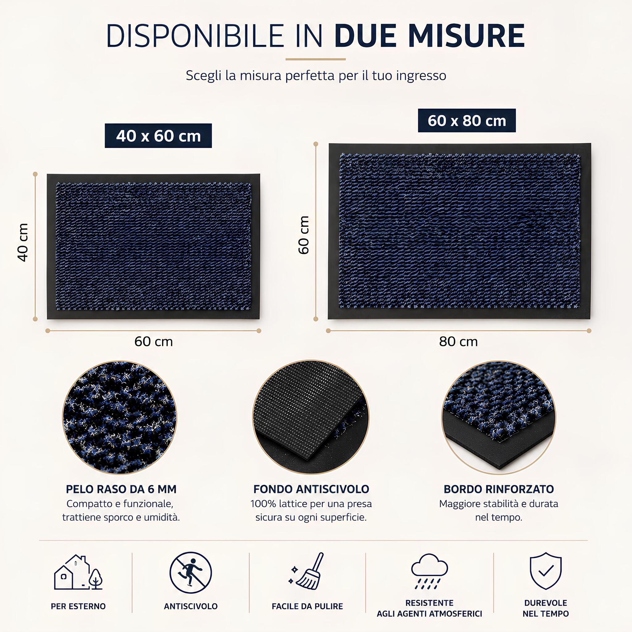 Misure disponibili del tappeto zerbino Achat 40x60 cm e 60x80 cm colore blu