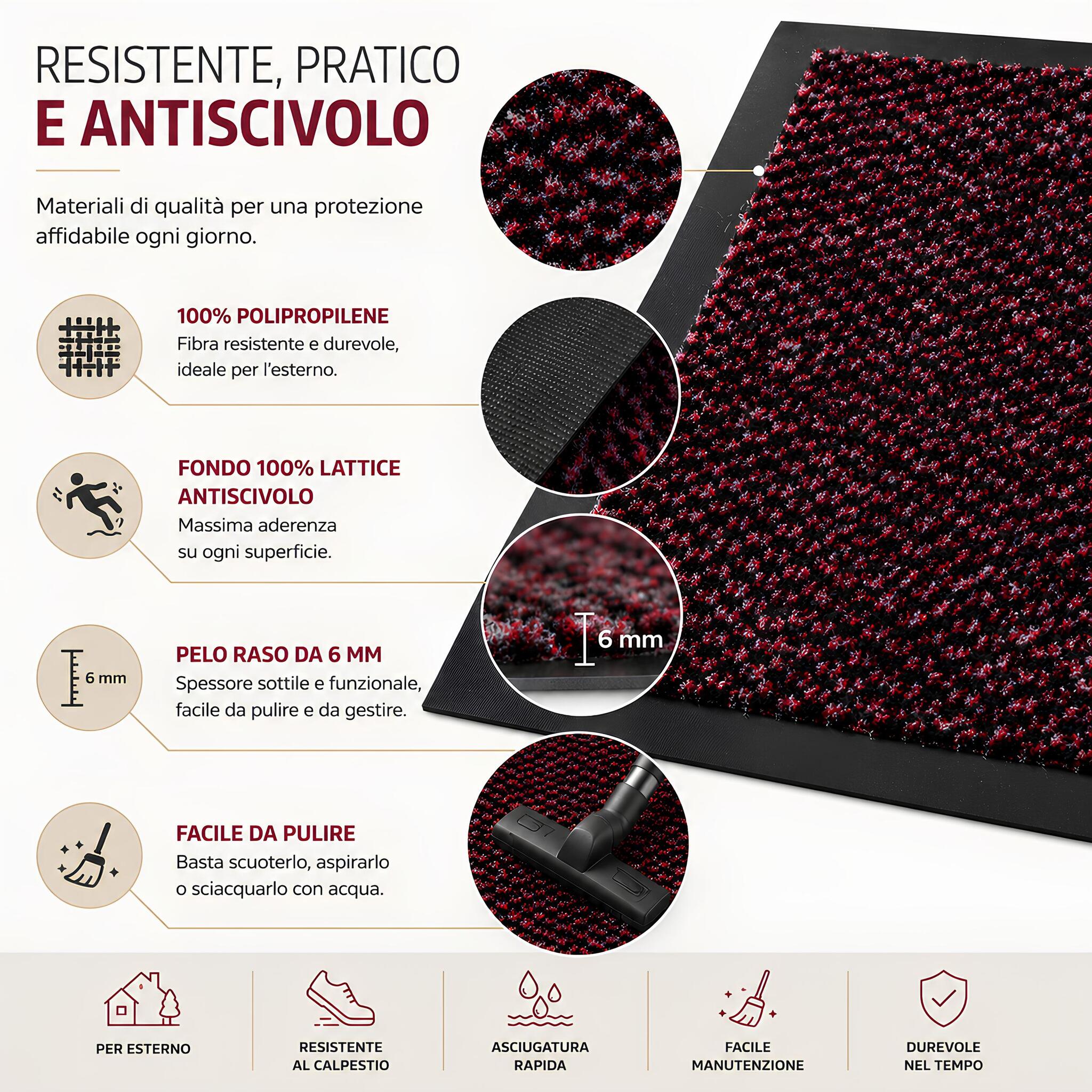 Dettaglio materiali tappeto zerbino Achat bordeaux in polipropilene con fondo antiscivolo