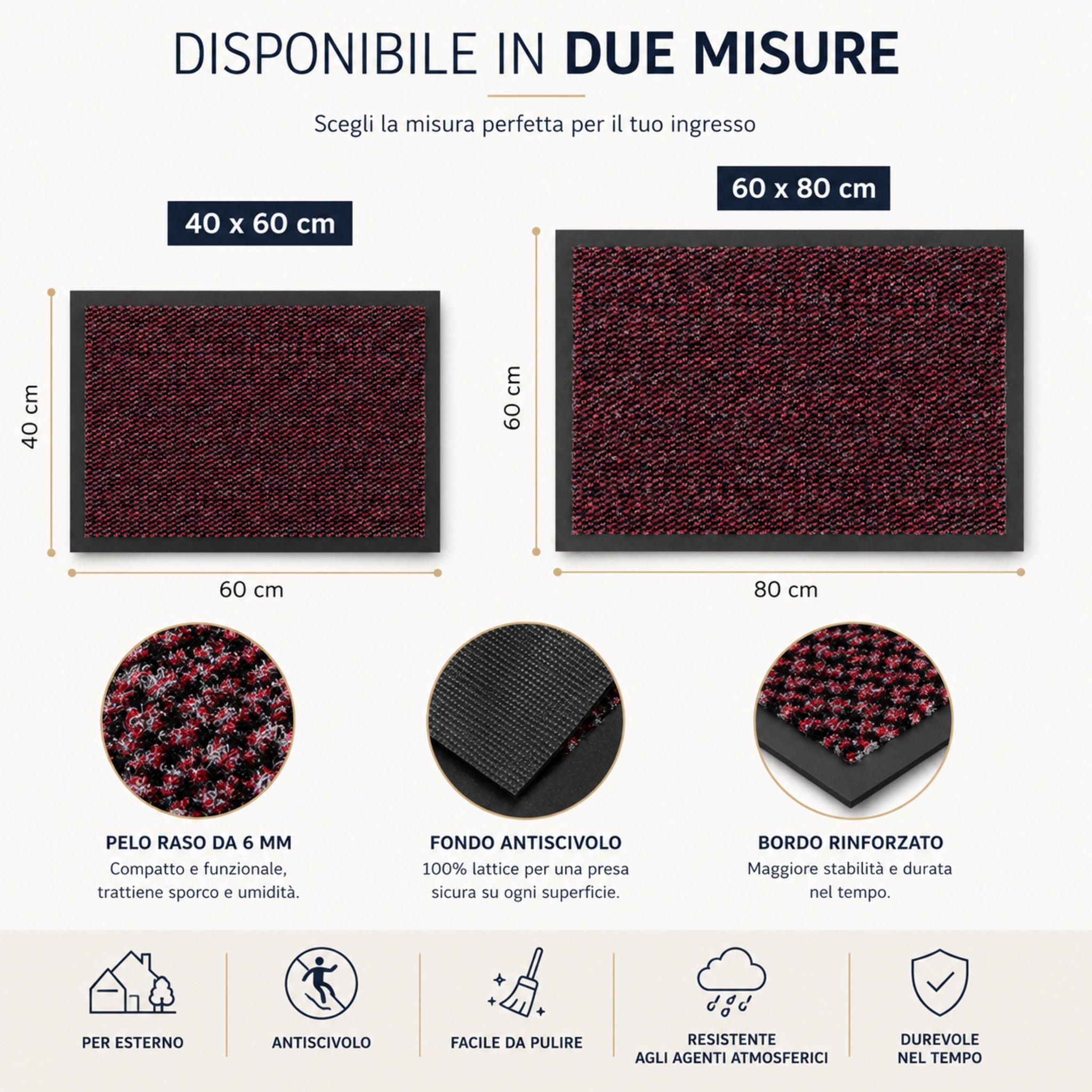 Misure disponibili del tappeto zerbino Achat 40x60 cm e 60x80 cm colore bordeaux