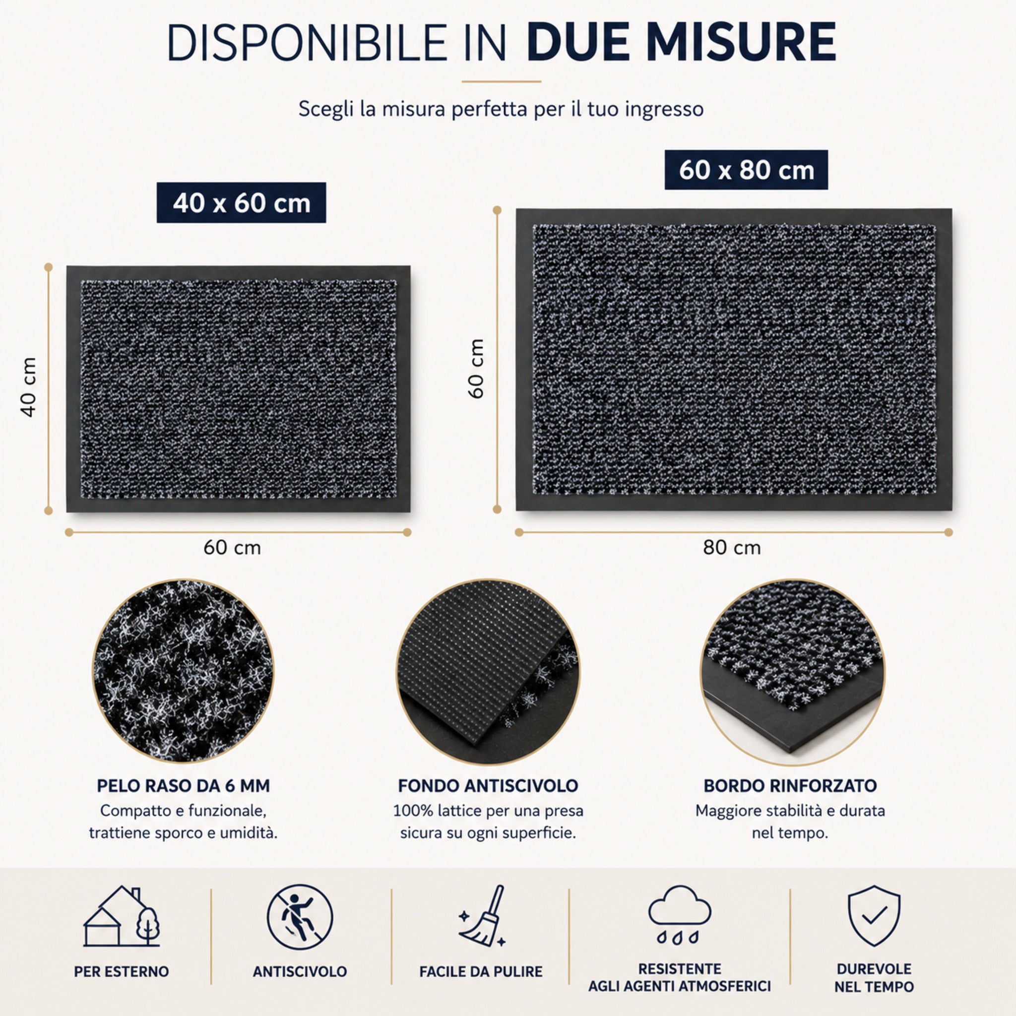 Misure disponibili del tappeto zerbino Achat 40x60 cm e 60x80 cm colore grigio