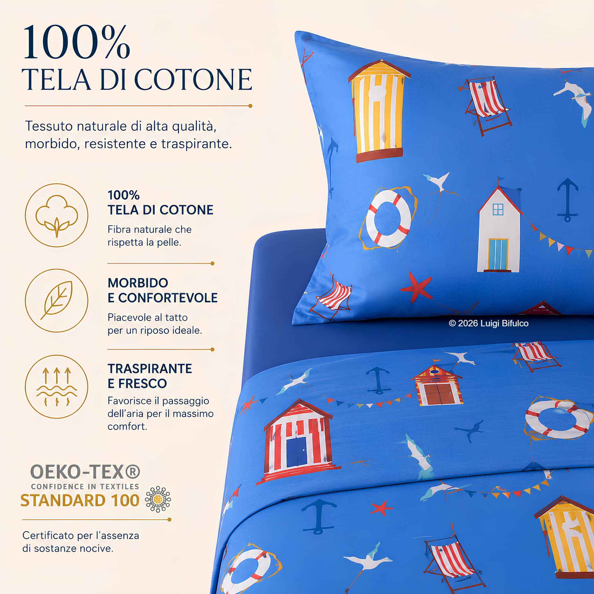 Completo lenzuola Bassetti Cabana blu in 100% tela di cotone certificato OEKO TEX