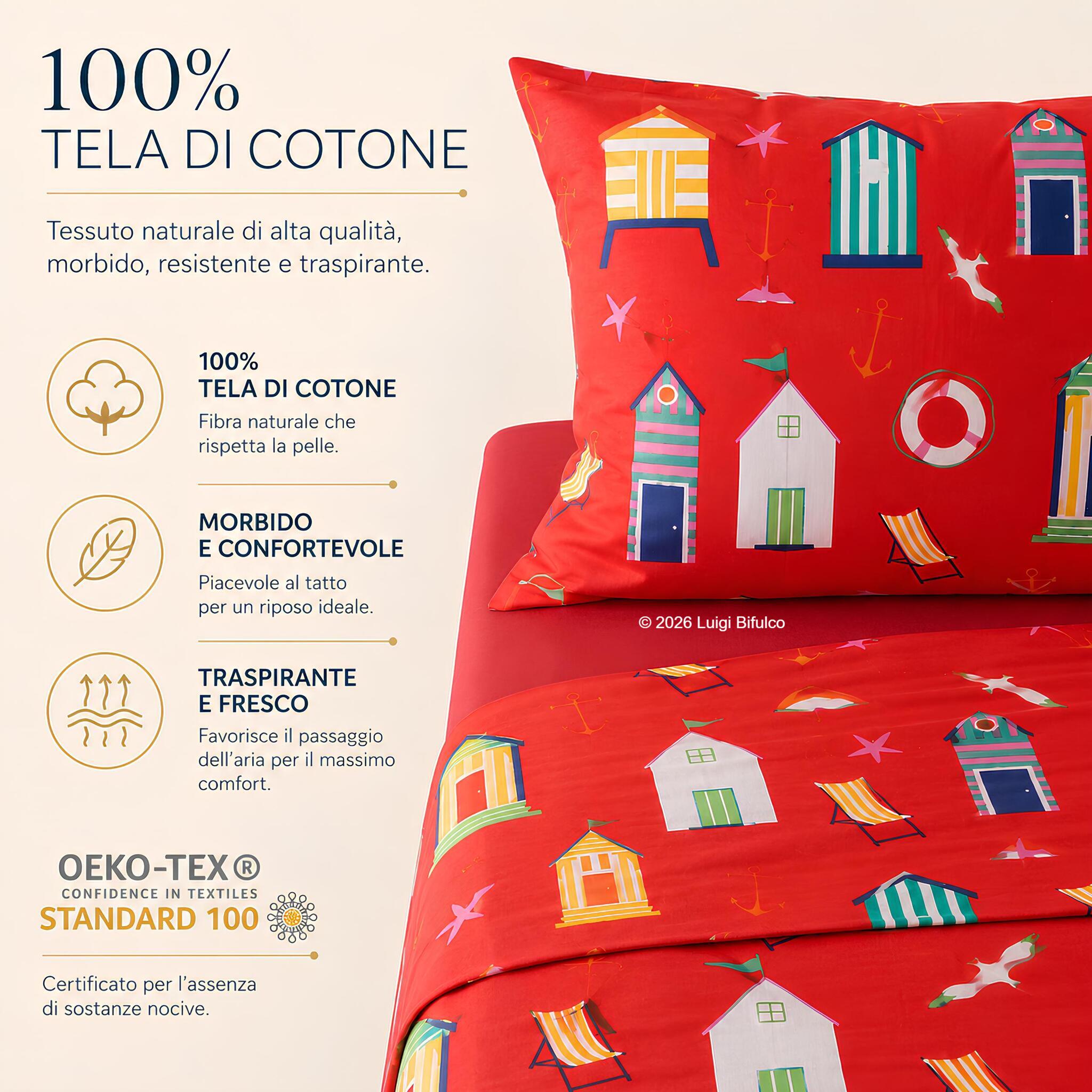 Completo lenzuola Bassetti Cabana rosso in 100% tela di cotone certificato OEKO TEX