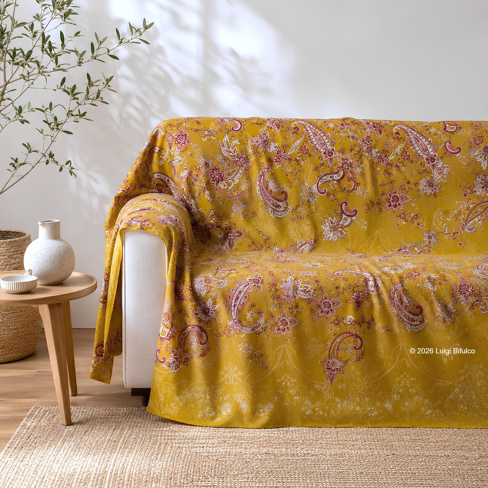 Telo Arredo Bassetti Granfoulard Monnalisa 270x270 cm giallo ocra utilizzato come elegante copridivano in puro cotone Made in Italy.
