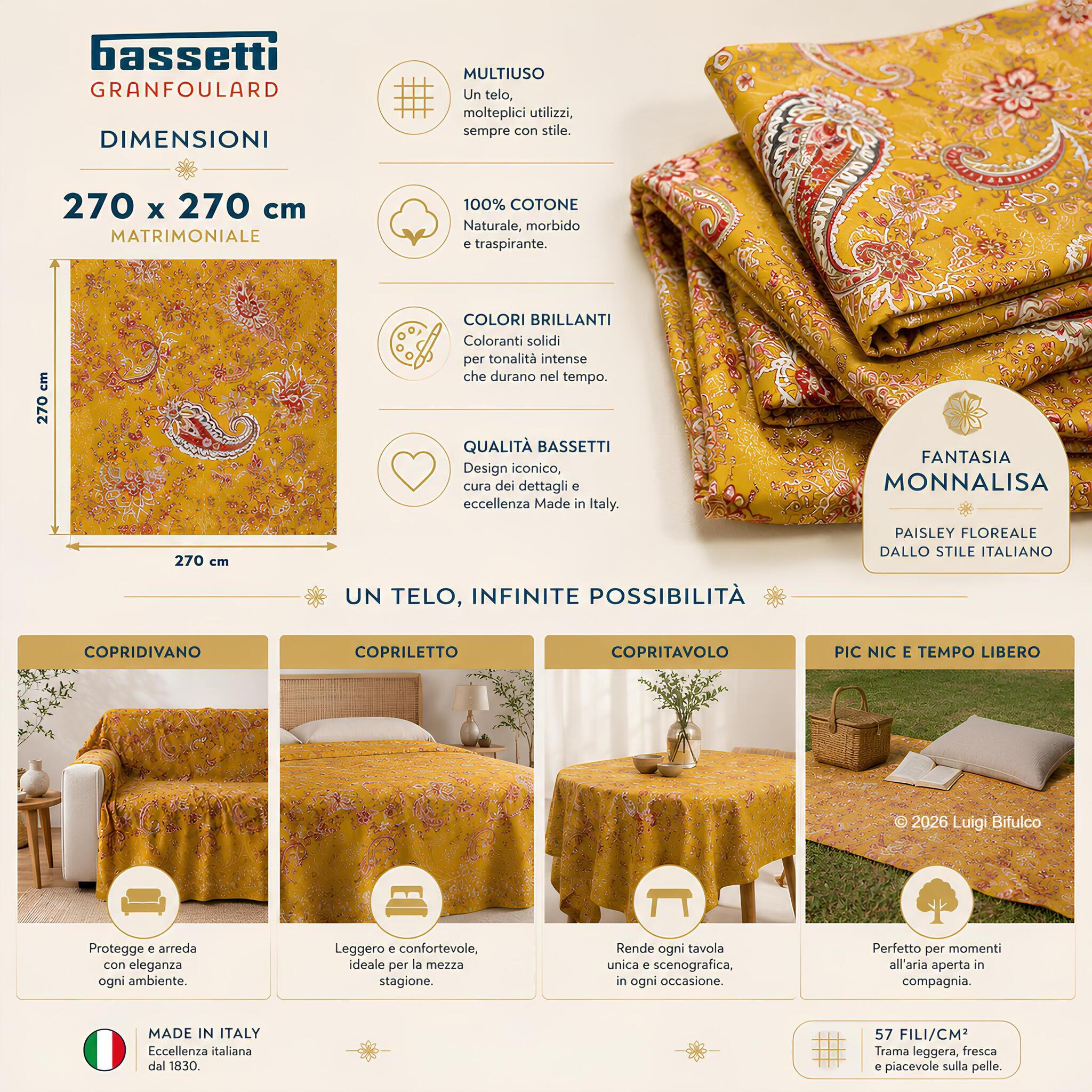 Telo Arredo Bassetti Granfoulard Monnalisa 270x270 cm utilizzabile come copridivano, copriletto, copritavolo e telo per picnic.
