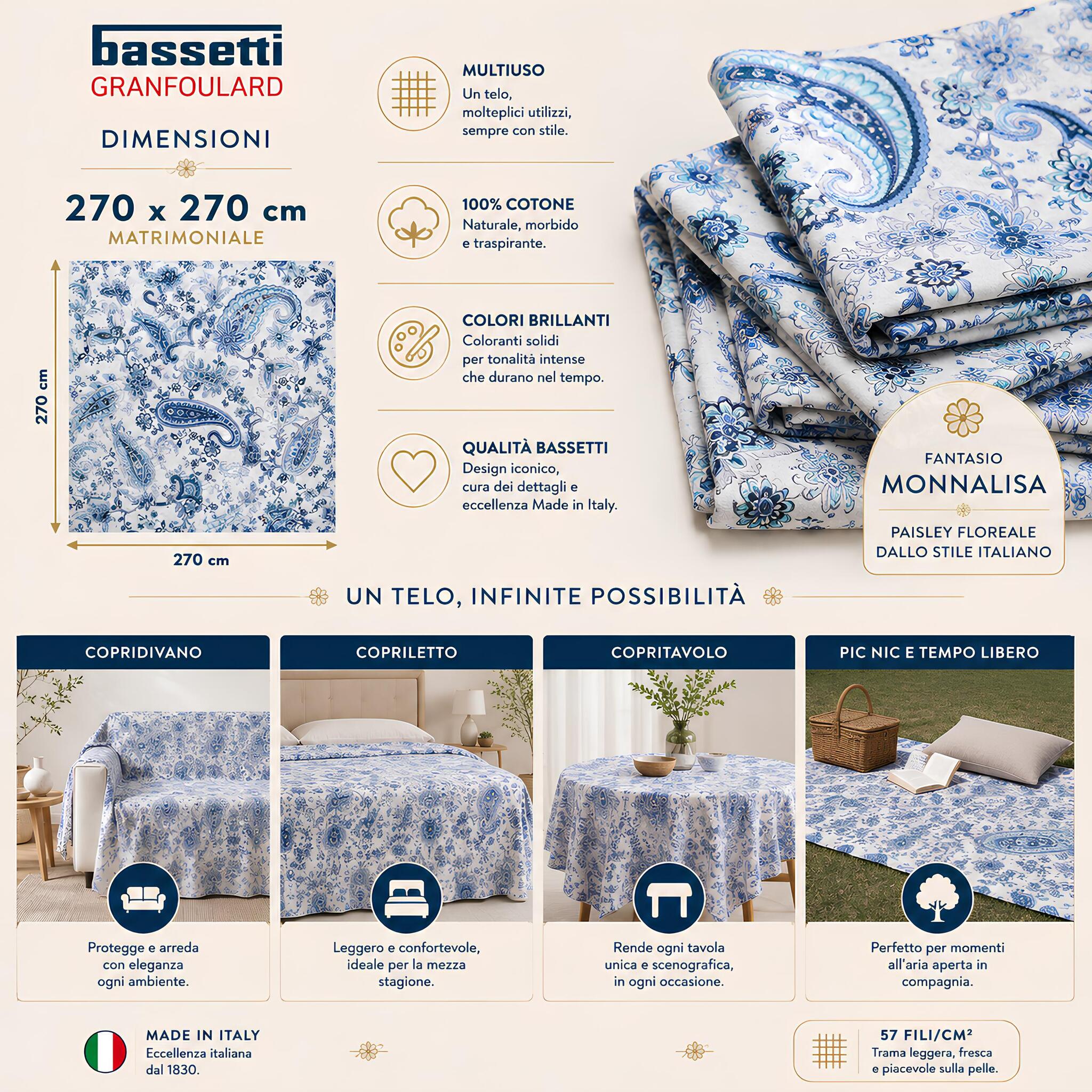 Telo Arredo Bassetti Granfoulard Monnalisa 270x270 cm utilizzabile come copridivano, copriletto, copritavolo e telo per picnic.