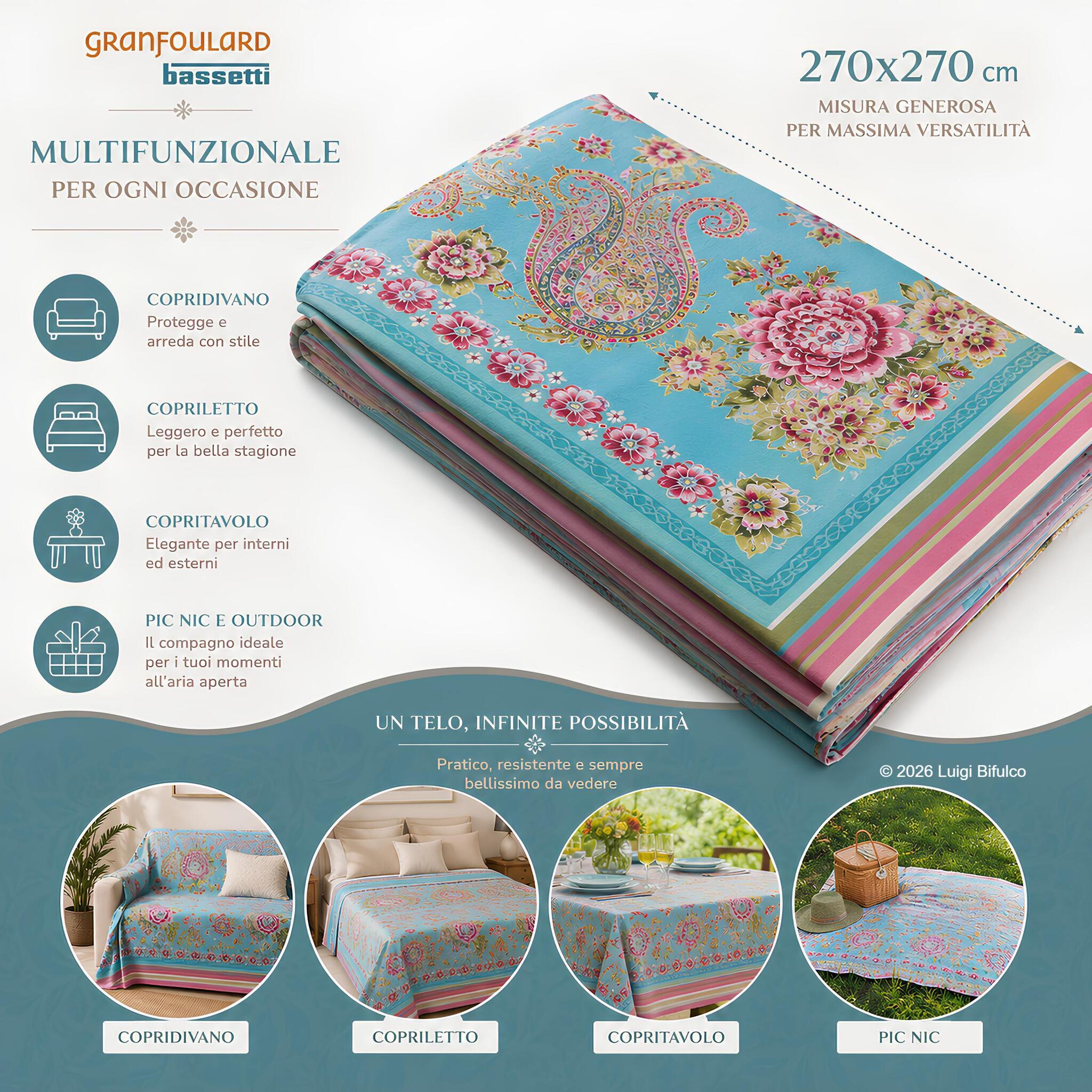 Telo Arredo Bassetti Granfoulard Rapallo 270x270 cm utilizzabile come copridivano, copriletto, copritavolo e telo per picnic.