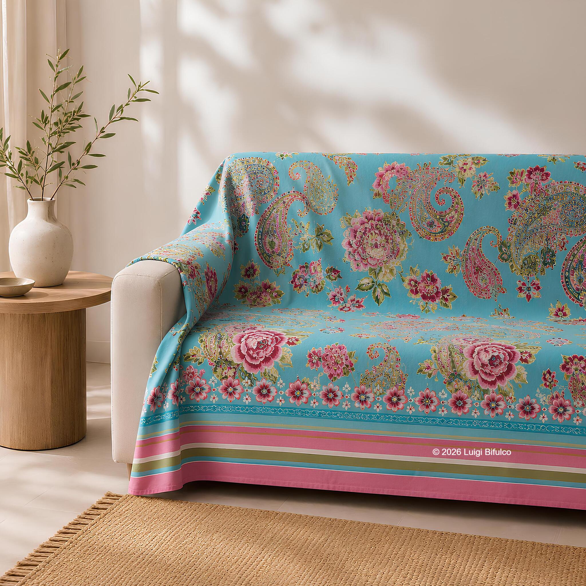 Telo Arredo Bassetti Granfoulard Rapallo 270x270 cm colore turchese utilizzato come elegante copridivano in puro cotone Made in Italy.