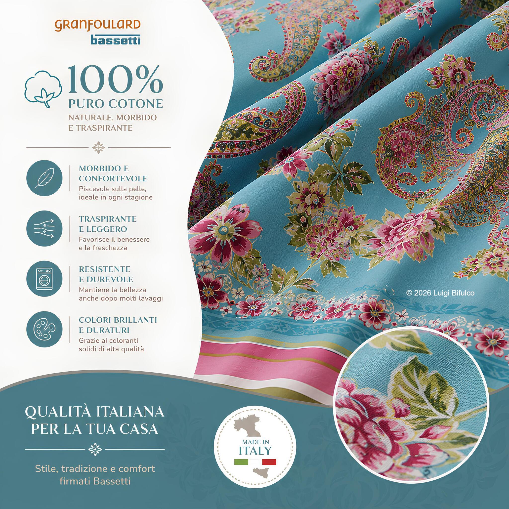 Telo Arredo Bassetti Granfoulard Rapallo in 100% puro cotone naturale Made in Italy con tessuto morbido, traspirante e resistente.