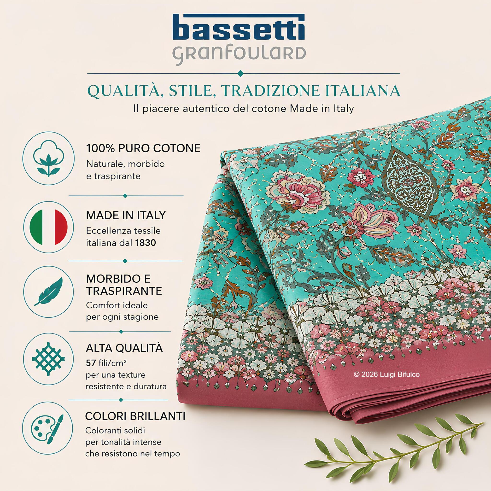 Telo arredo Bassetti Granfoulard Tigullio in 100% puro cotone Made in Italy con fantasia floreale ispirata alla Riviera Ligure