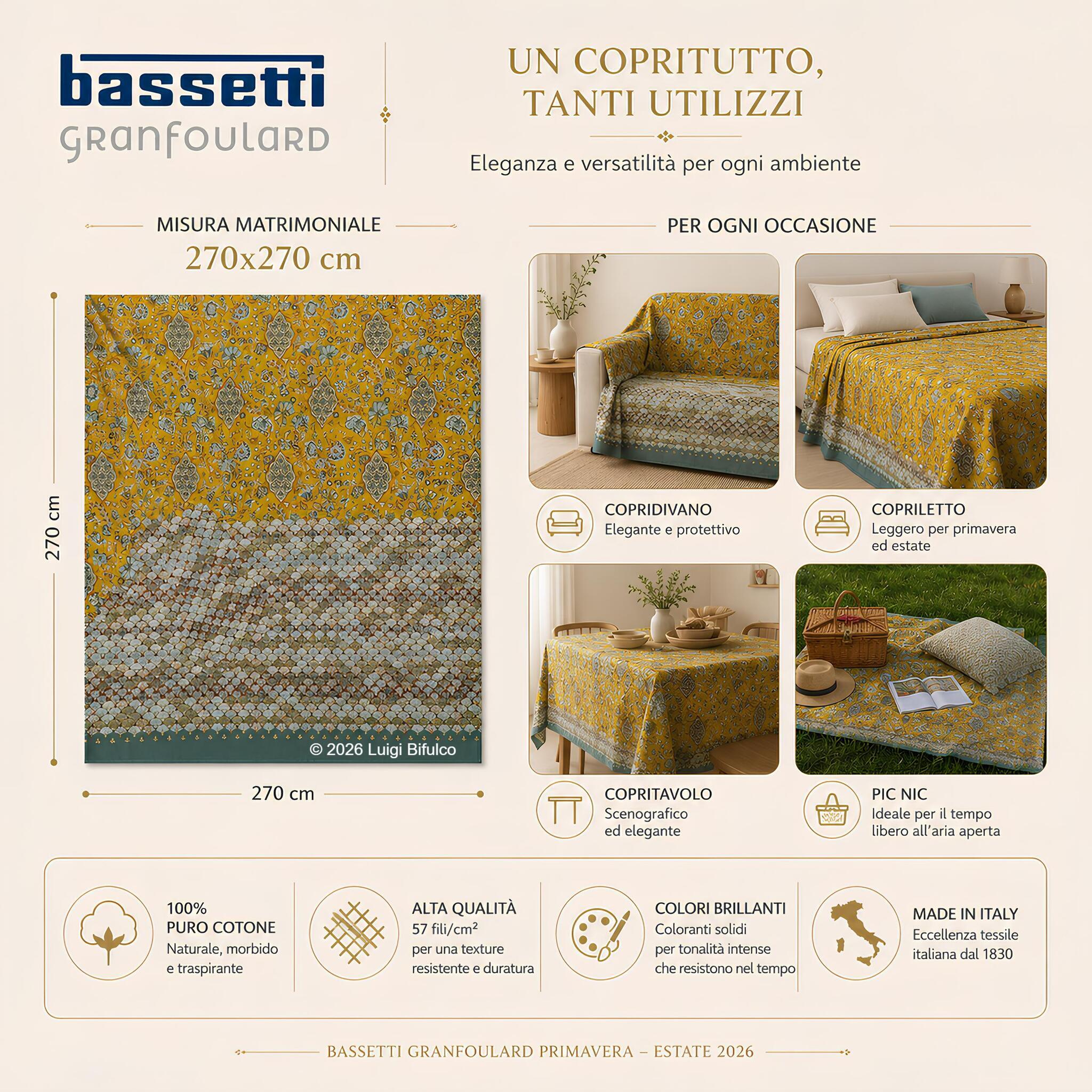 Telo Arredo Bassetti Granfoulard Tigullio 270x270 cm utilizzabile come copridivano, copriletto, copritavolo e telo multiuso.