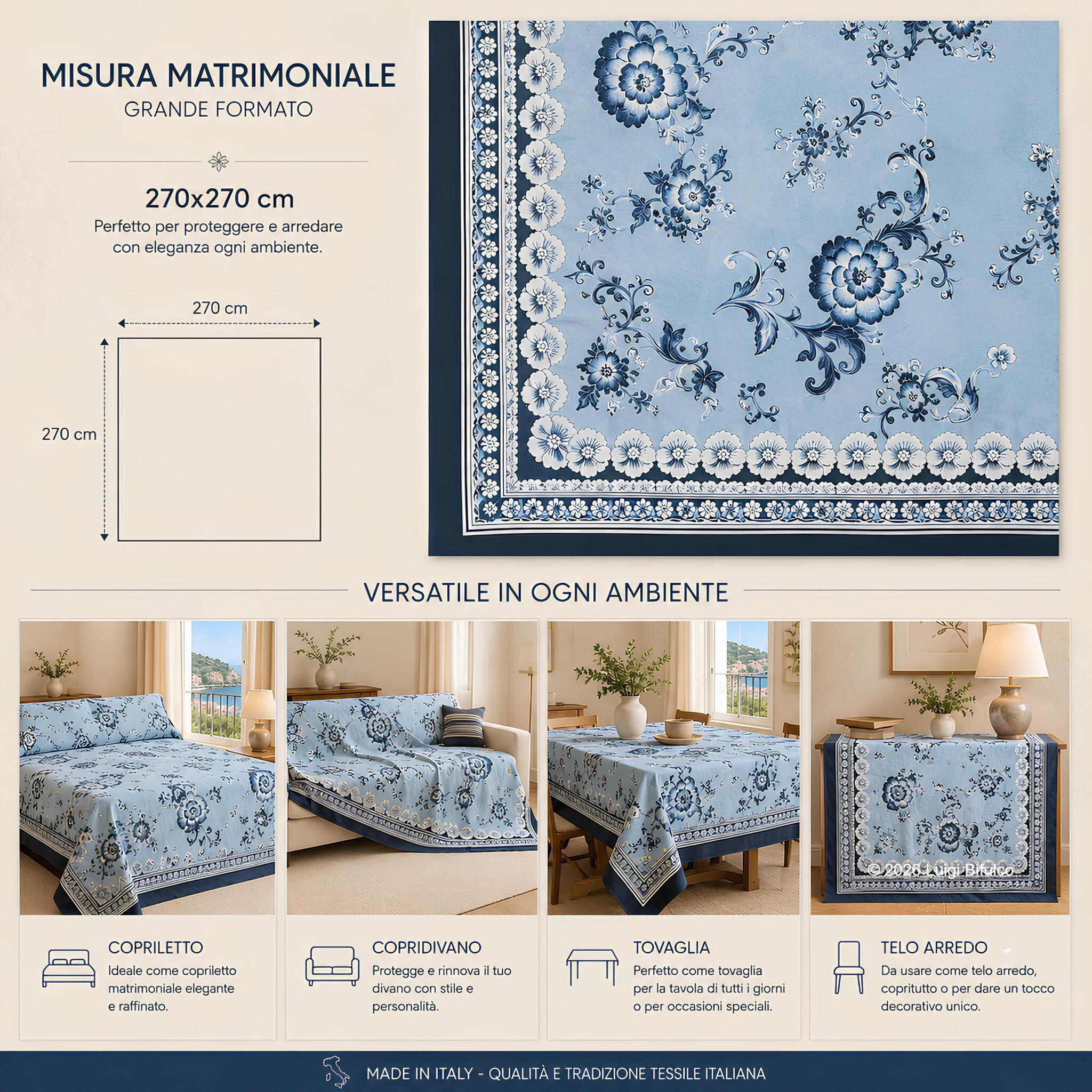 Telo Arredo Bassetti Paraggi Blu utilizzabile come copriletto, copridivano, tovaglia e copritutto