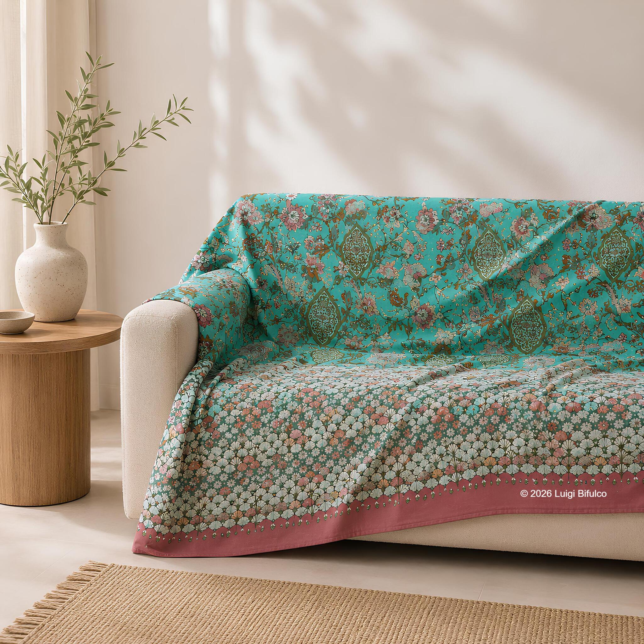 Telo arredo copritutto Bassetti Granfoulard Tigullio verde acqua utilizzato come elegante copridivano in 100% cotone Made in Italy