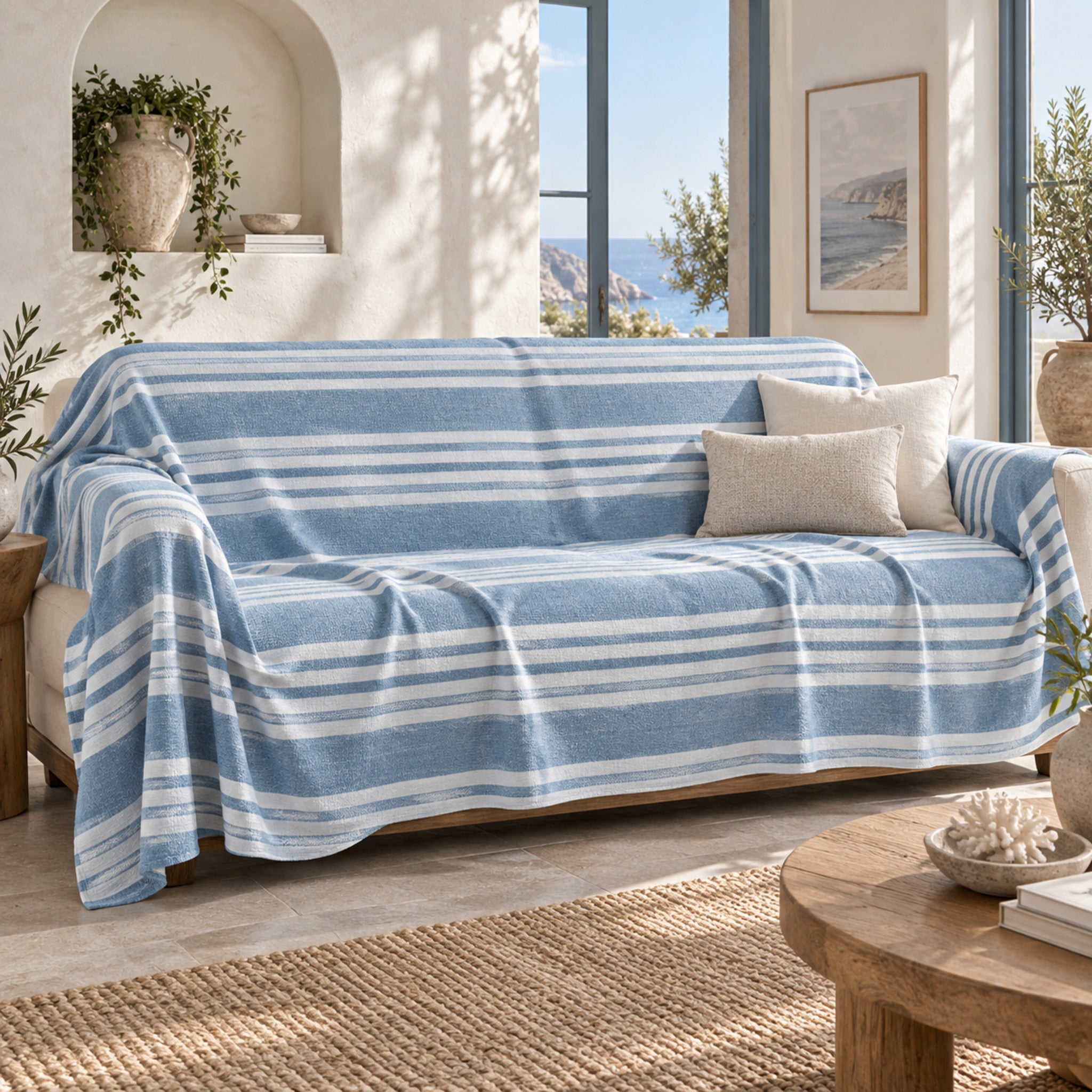 Telo arredo Fancy Home Maison blu 240x250 cm utilizzato come copridivano a righe