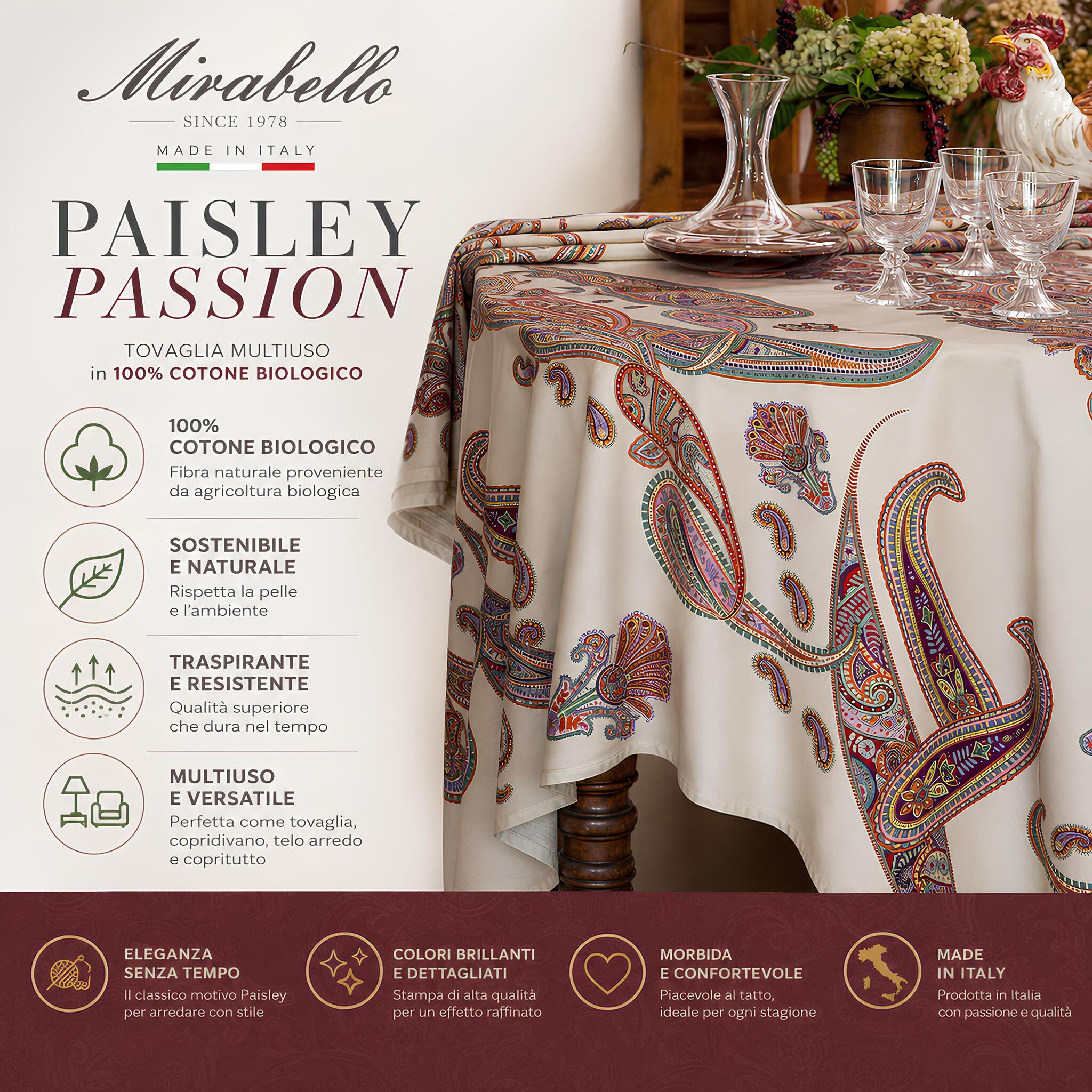 Telo Arredo Mirabello Paisley Passion in 100% cotone biologico Made in Italy, naturale, sostenibile e multifunzione.