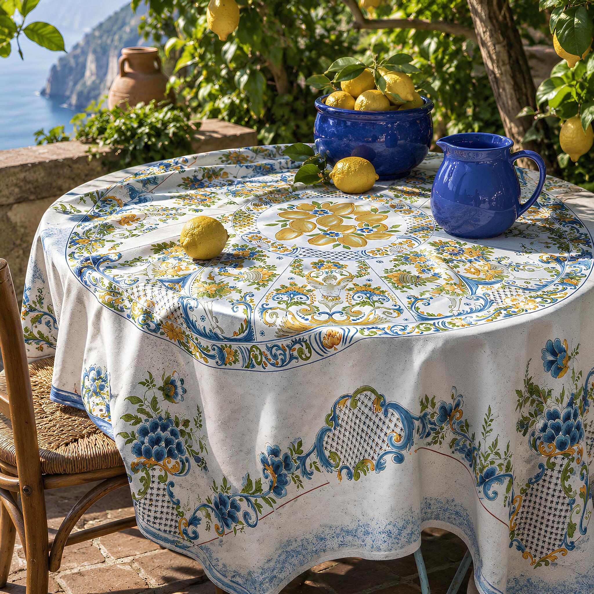 Telo Arredo Copritutto Mirabello Ravello in 100% cotone biologico utilizzato come elegante tovaglia ispirata alla Costiera Amalfitana.